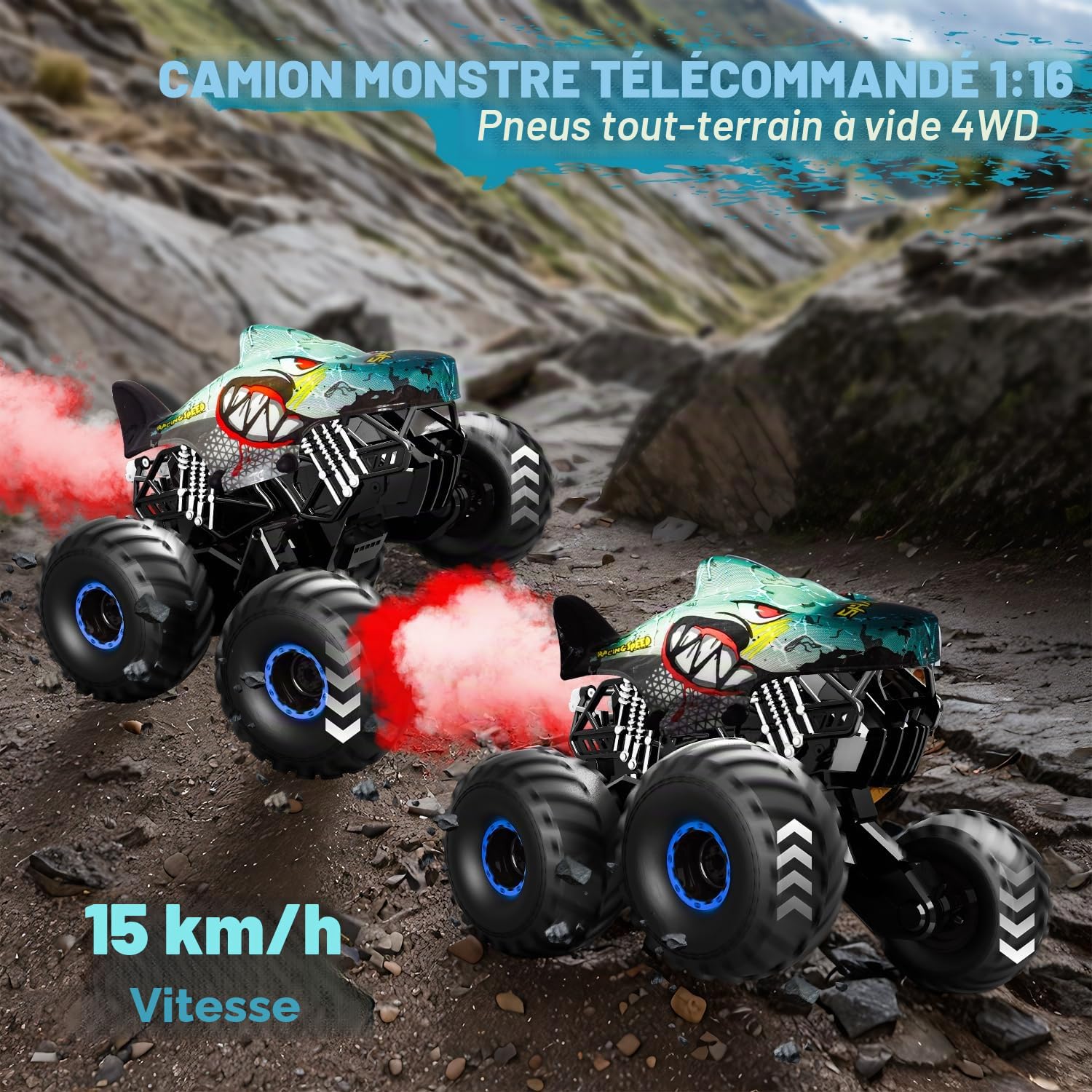 Voiture télécommandée monstertruck 1/16 avec stomp, rotation 360°, spray, lumières, musique, 15 km/h, RC 40 min