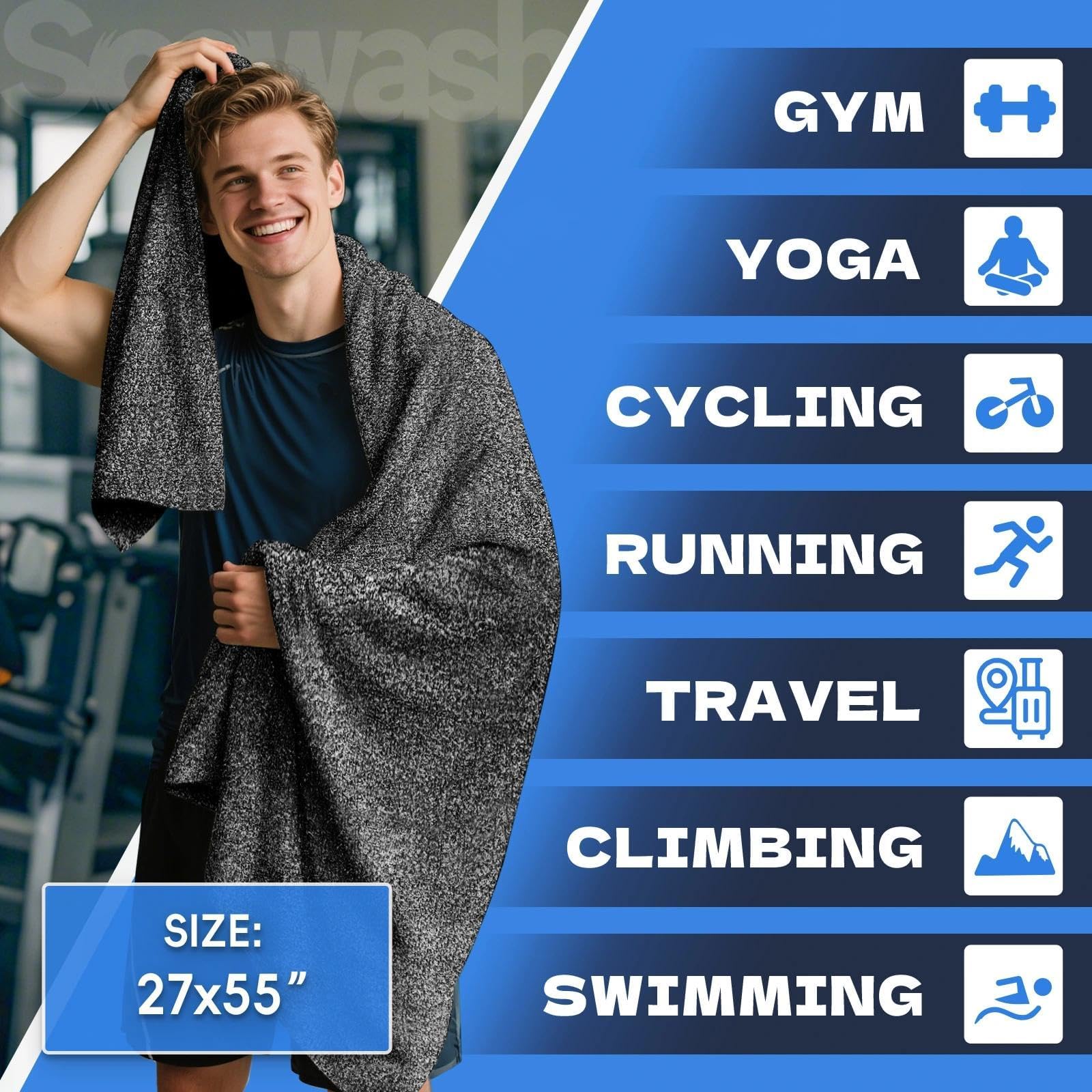 SOOWASH Microfiber Gym Towels for Showering Negative Ions 3 Pack Quick Dry 27 