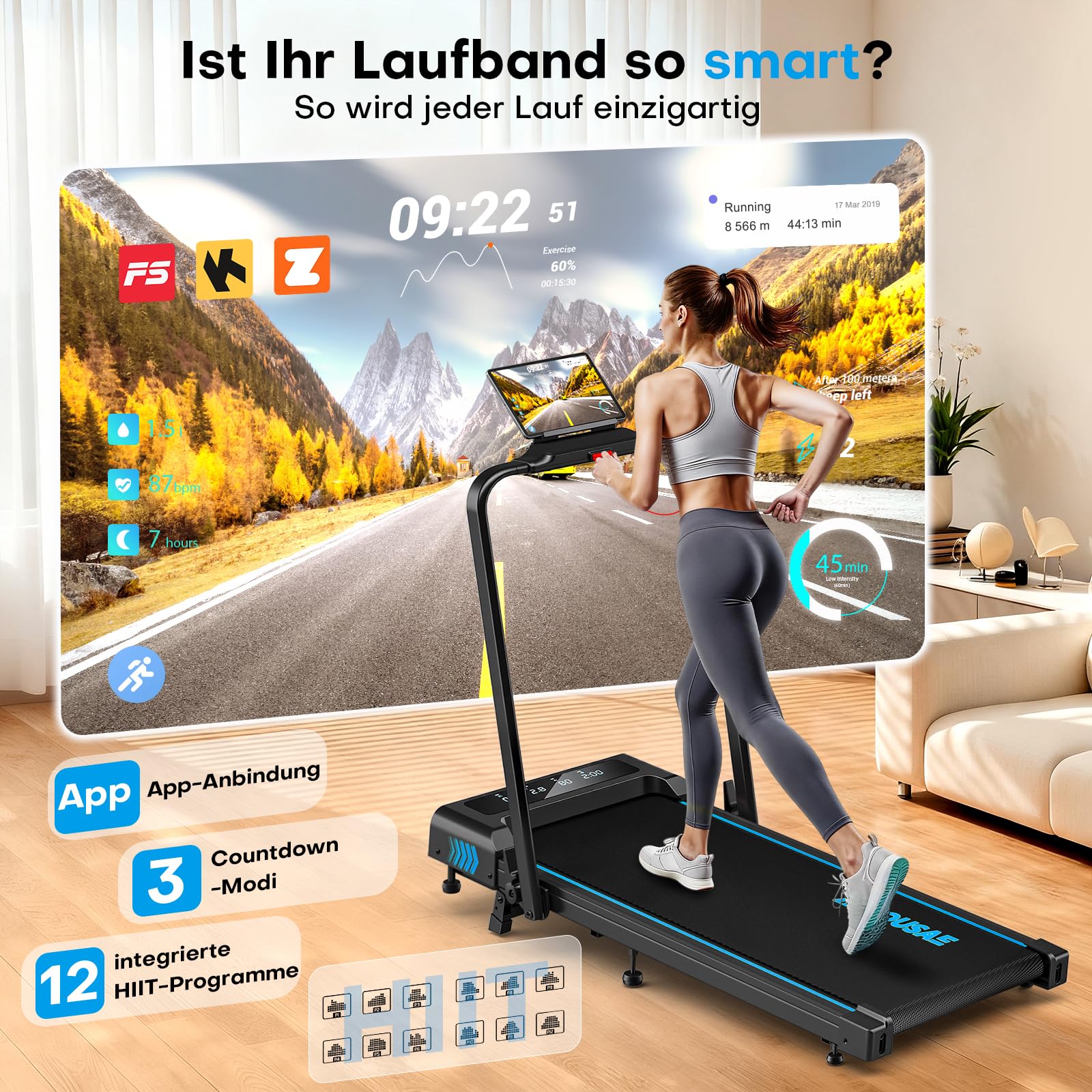 Laufband für Zuhause, 5 in 1 Walking Pad, 12km/h Klappbar Laufband mit 10% Steigung, 2.75HP bürstenlosem Motor Walking Machine mit LED-Anzeige, App-Kompatibilität, 12 Programmen, Doppeloperation