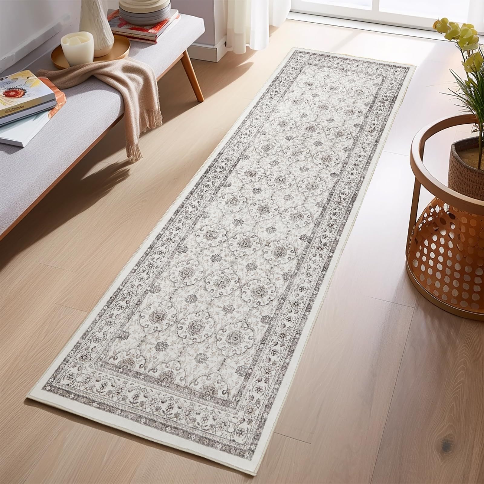 jinchan Runner Rug 2x5 Kitchen Rug Vintage Hallway Rug Washable Runner Rug Non Slip Taupe Floral Print Soft Rug Boho Rug Bathroom Laundry Room Bedroom Farmhouse