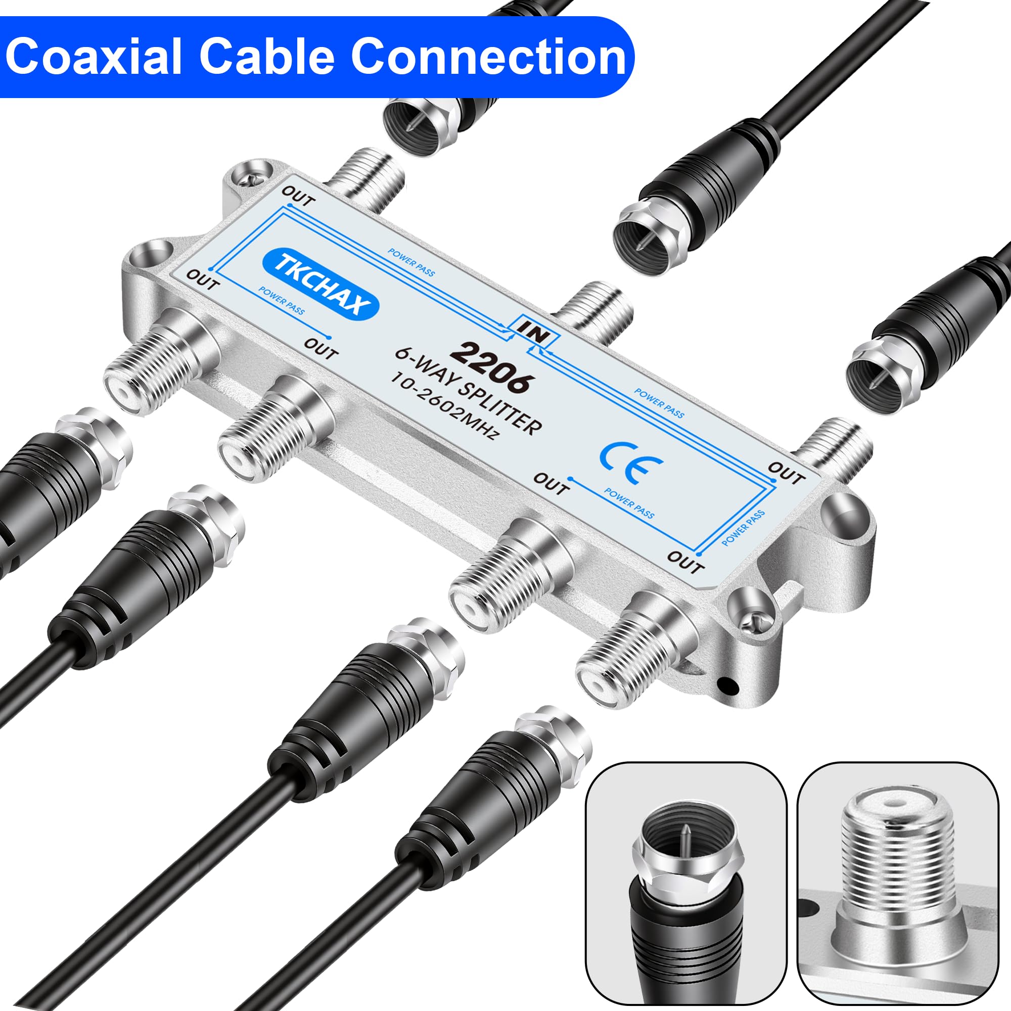 Divisor de Cable coaxial de 6 vías, Compatible con 10-2602 MHz, Compatible con RG6 RG59, Funciona con MoCA2.5 y MoCA3.0, CATV, TV por satélite, Antena, HDTV e Internet de Alta Velocidad