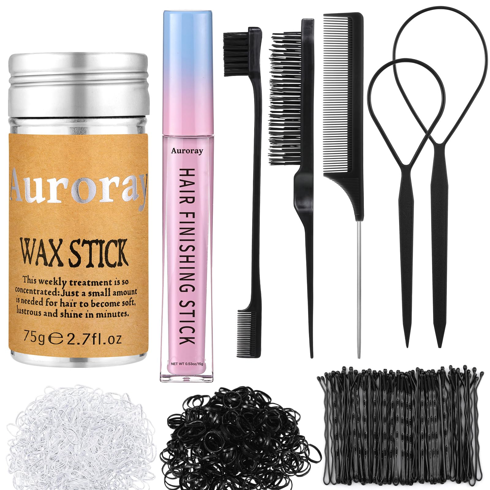 7Pcs Hair Finishing Stick Set with 1Pcs Slick Back Brush,1Pcs Fly Away Stick for Hair,50PCS Bobby Pins,400Pcs Elastic Rubber Bands