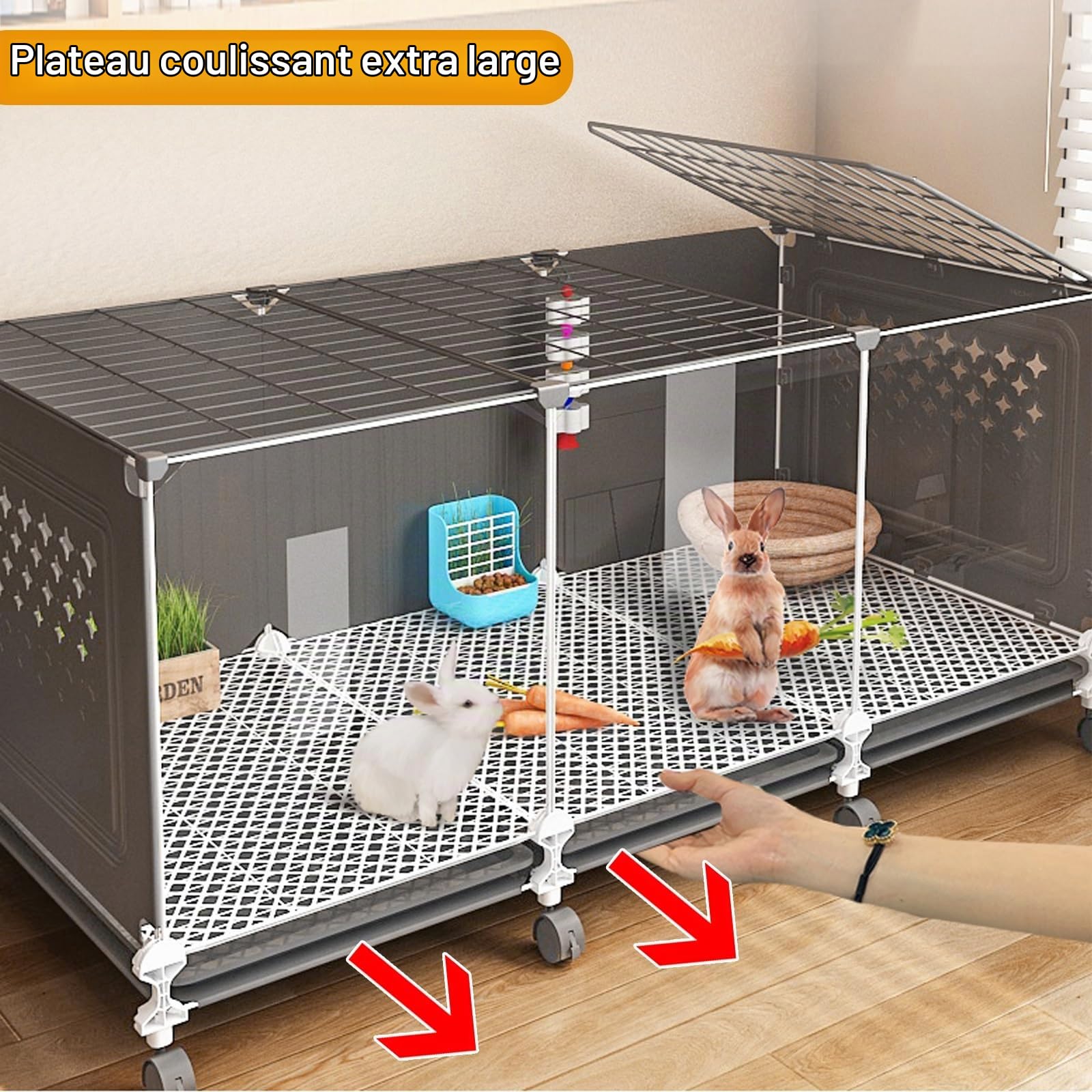 Cage à Lapin Fermée, Cage à Lapin D'Intérieur avec Plateau Coulissant Extra Large, Roue Universelle Panoramique à 360° Transparente pour Lapin, Furet, Chinchilla