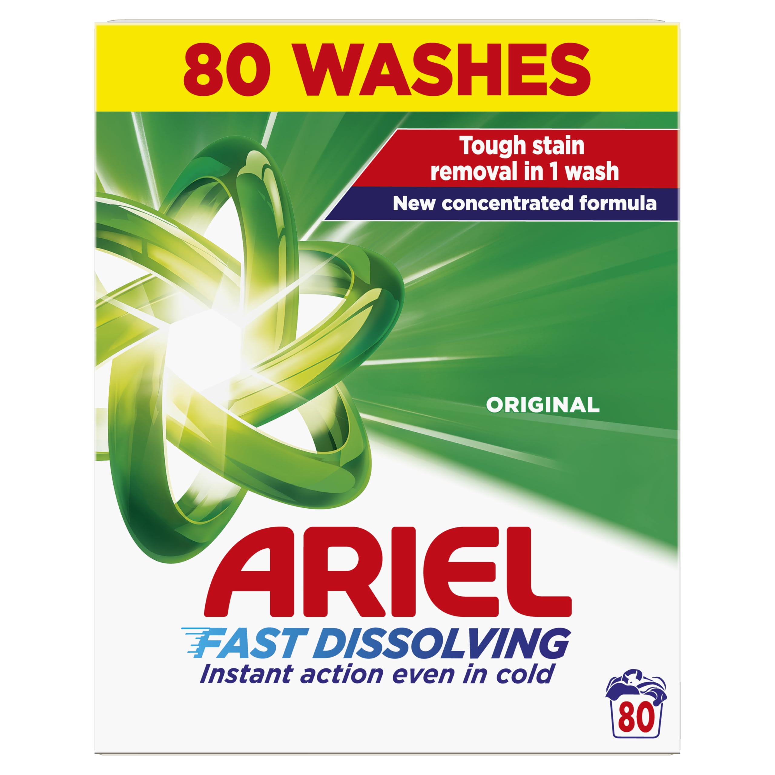 Ariel Fast Dissolving Washing Powder Laundry Detergent 4kg, 80 Washes, Original, Tough Stain Removal in 1 Wash, Instant Action Even in Cold