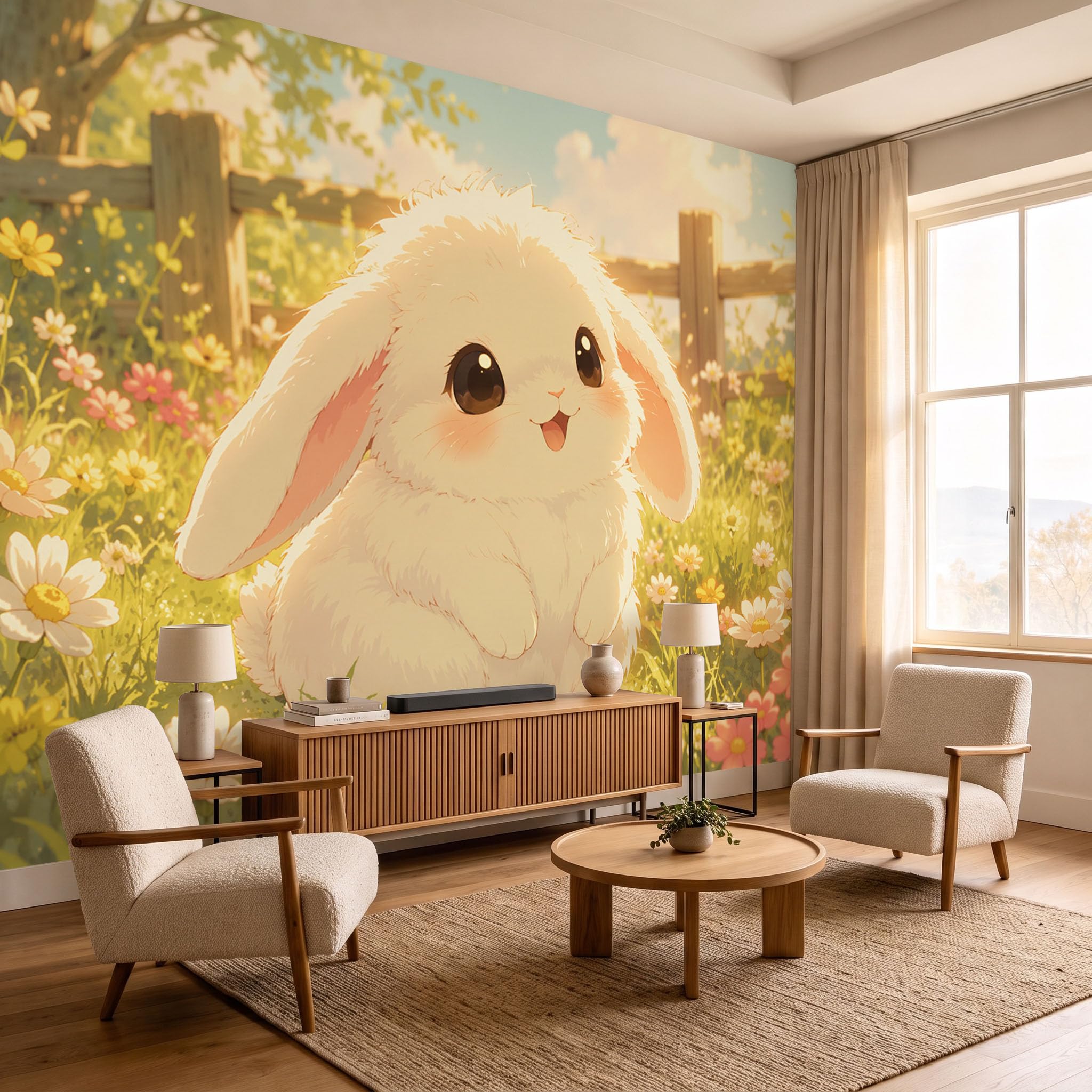 Carta Da Parati Fotomurale Xxl cartone animato carino 350x256cm,Poster Murale Fotografica 3D In Tessuto Seta Giardino delle margherite con coniglietti Per Tv Corridoio Soggiorno, Giallo-verde