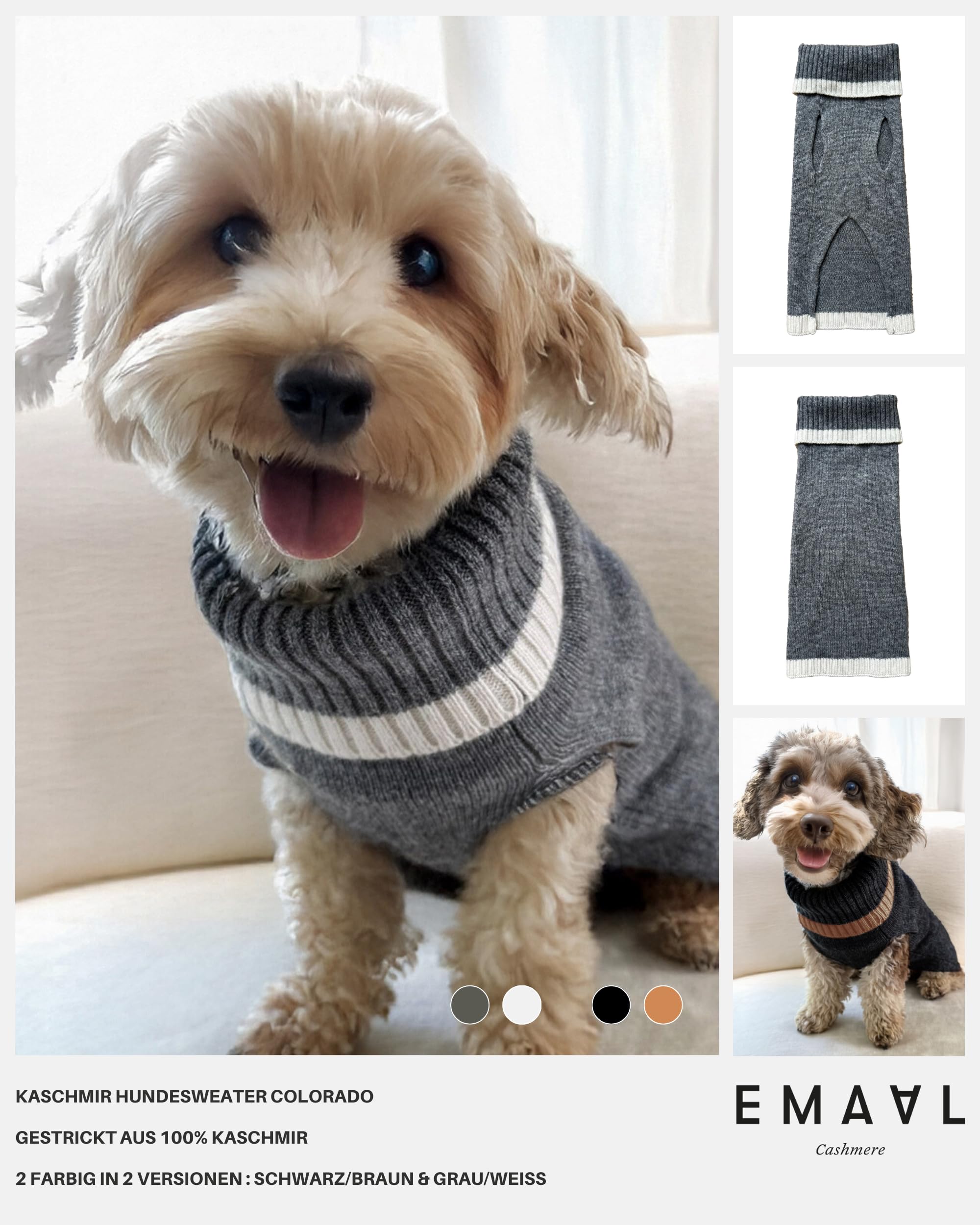 EMAAL 100% Kaschmir Hundesweater Colorado, Grau, Weiss, Gestrickt, für kleine Hunde bis 35 cm Rückenlänge, warm, bequem, für jedes Fell, für kühle Spaziergänge oder gemütliche Abende zu Hause