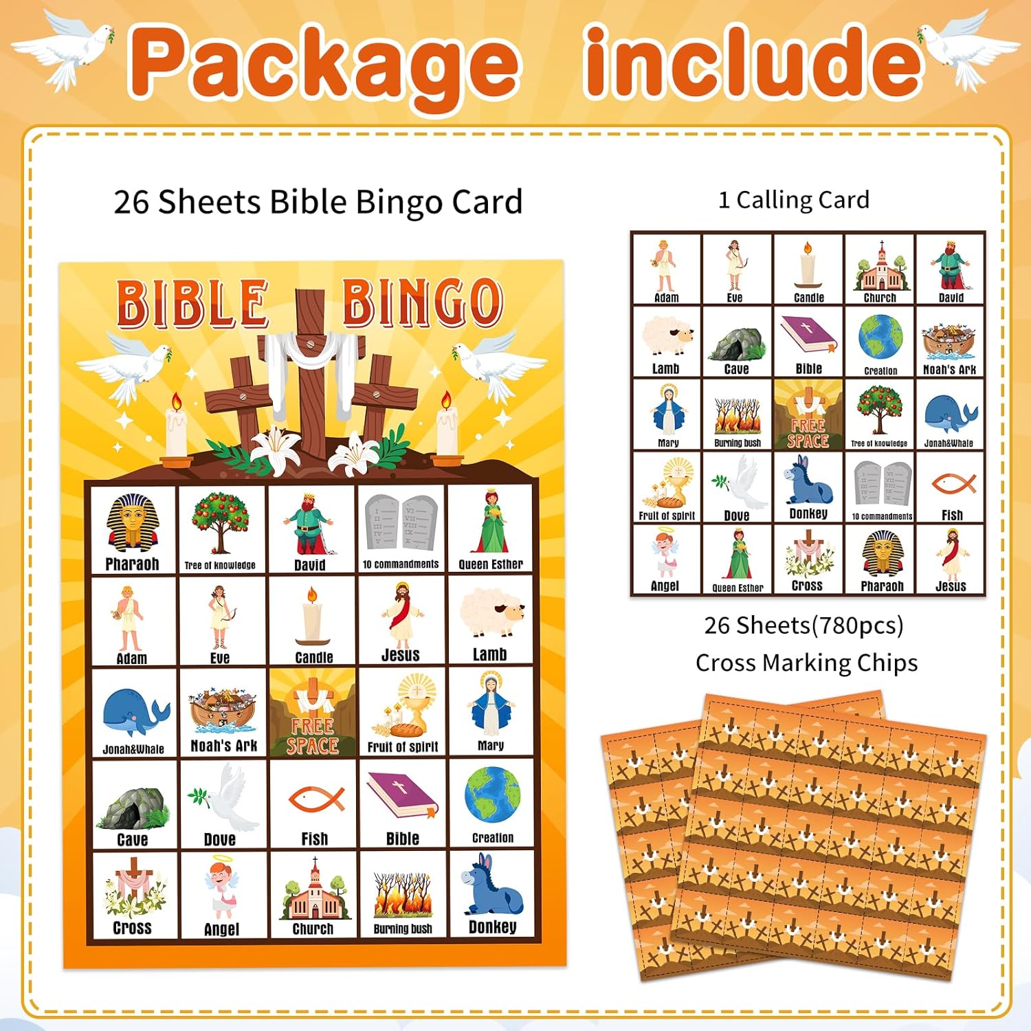 FLYAB Bible Bingo Game for Kids Adults - 26 Players Christian Bingo Card Religious Game Activities for Family Vacation Bible School Sunday Church Family Open Day Holiday Supplies