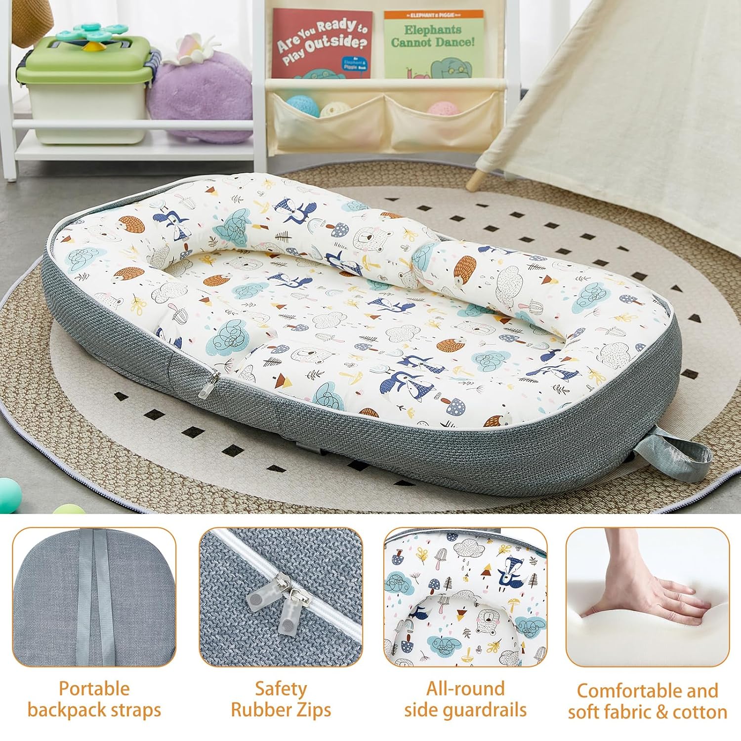 baby lounger, foldable babies travel loungers converts to backpack for newborn infant babies 0-12 months dark blue fox