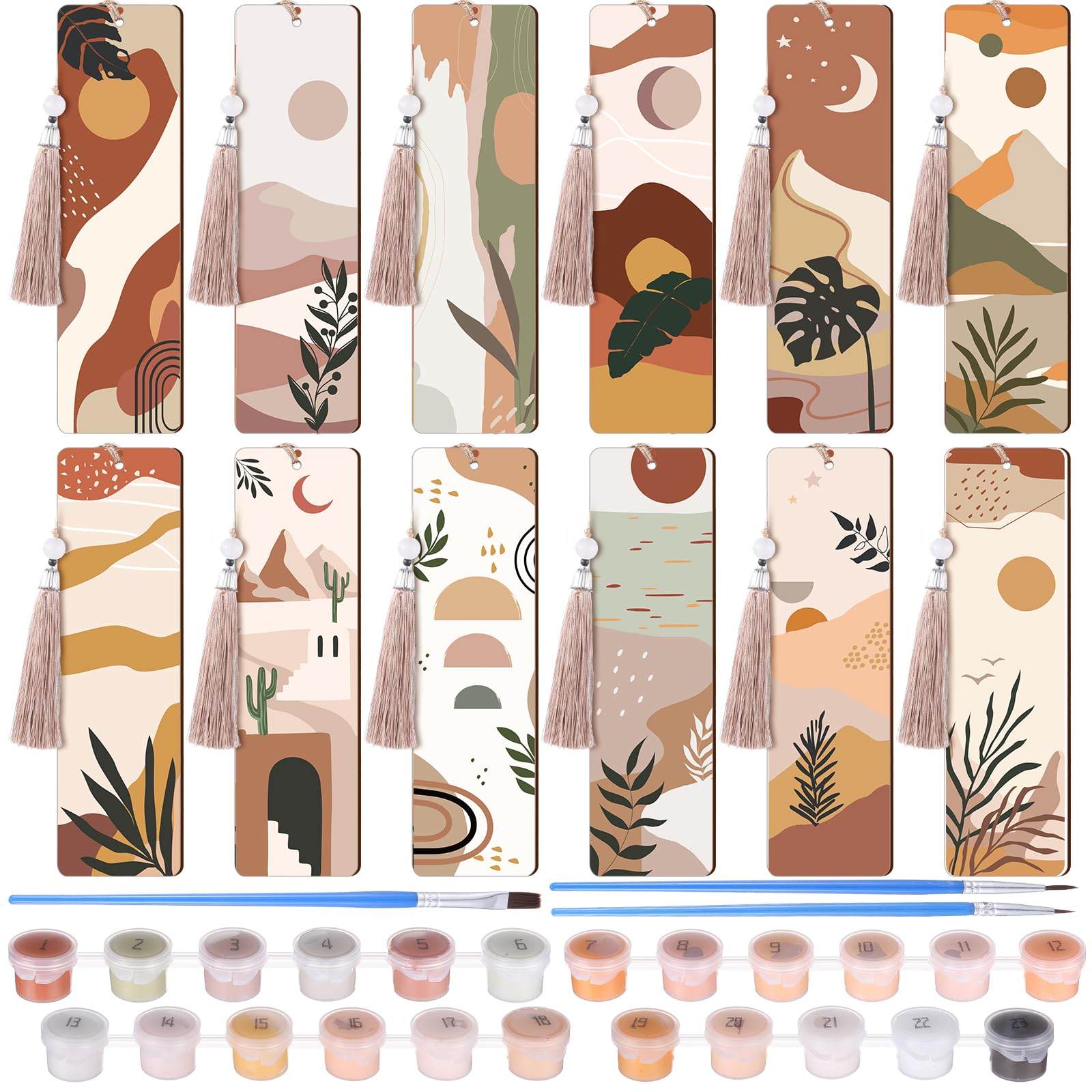Kosiz 12 Pcs Boho Paint by Numbers Kit for Adults Wood Bookmarks Painting Colorful Tassels Blank Bookmarks Ornament DIY Sunset Painting Decor for Book Lovers Birthday Craft Gift 7x2 ''