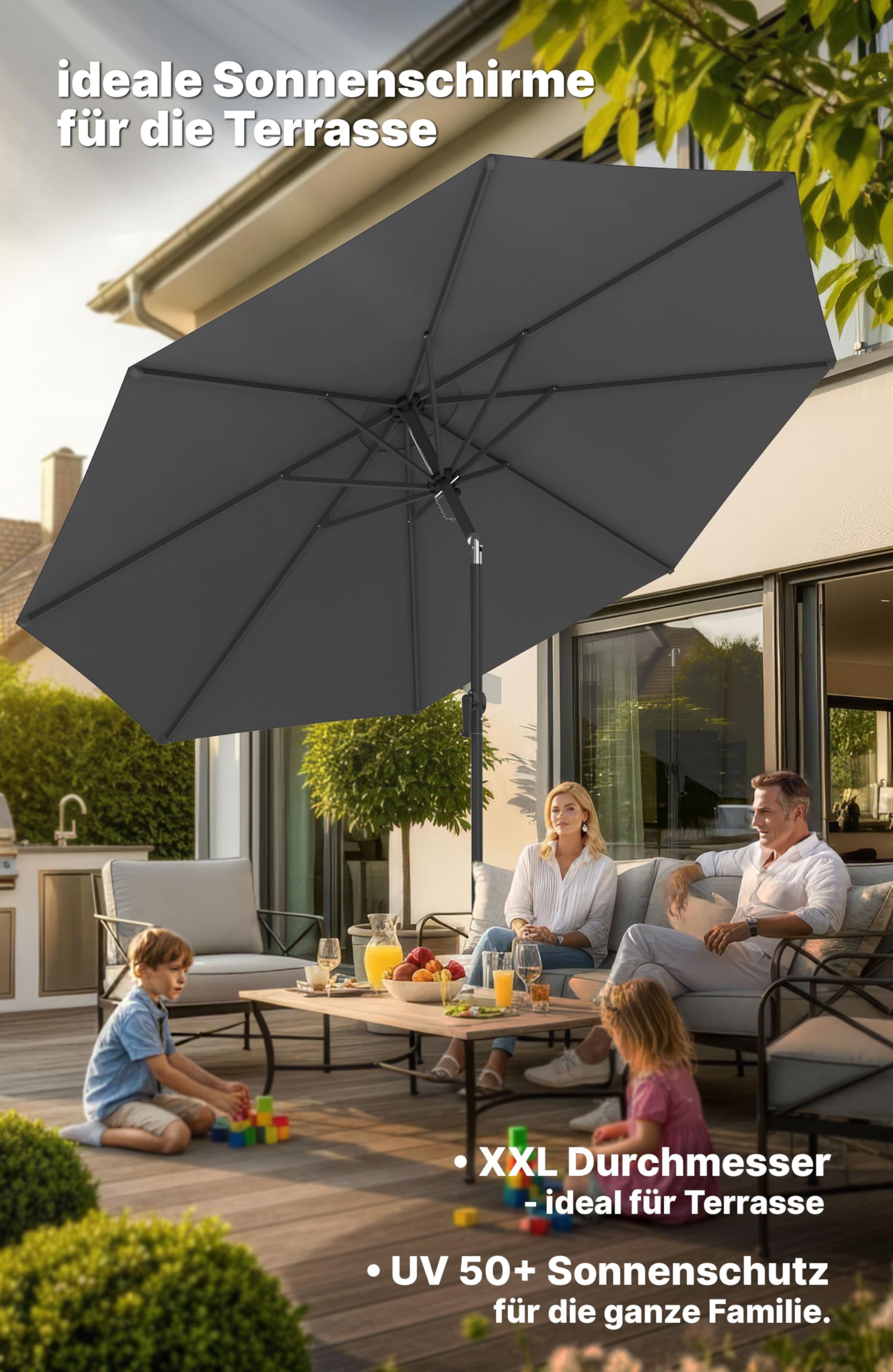 4smile Sonnenschirm 300 cm, mit Kurbel – großer Sonnenschirm Balkon für die Terrasse, mit UV 50+ Schutz, 3 m Durchmesser, kippbar um 45°, flexibel und neigbar für ganztägigen Sonnenschutz, Anthrazit
