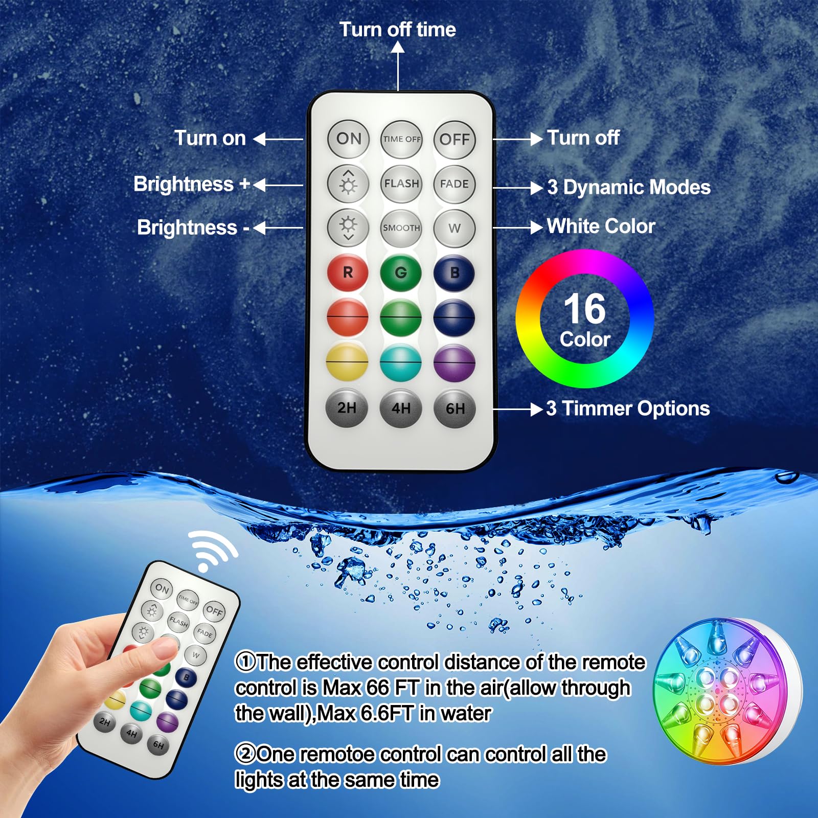 HOSSOM 2 Luces LED Sumergibles Piscina Recargables con Control Remoto, Luces LED de 16 colores, Luces para Piscina Impermeable IP68, para Piscinas, Estanques, Fuentes y Acuarios