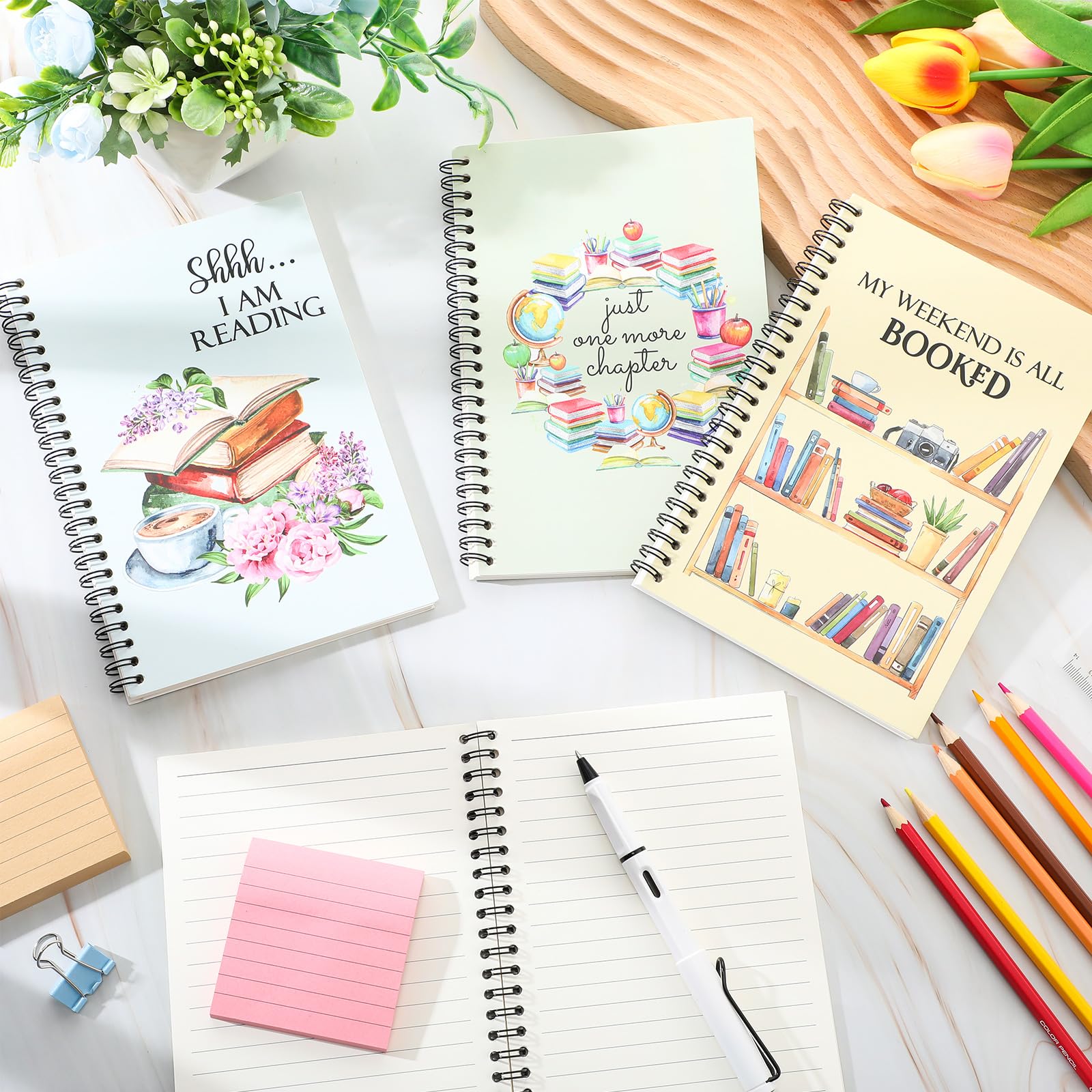 Colarr 4 cuadernos en espiral para amantes de los libros de regreso a clases, 5.5 x 8.3 pulgadas, cuaderno temático de libros, lindo diario forrado con alambre, blocs de notas para estudiantes,