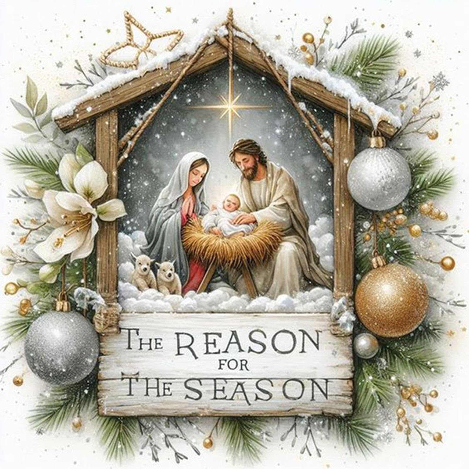 White Nativity Scene Counted Cross Stitch Kit 14Ct Cotton Thread Embroidery 40X40cm (15.75X15.75in) Diy Needlework For Christmas Home & Living Room Decoration
