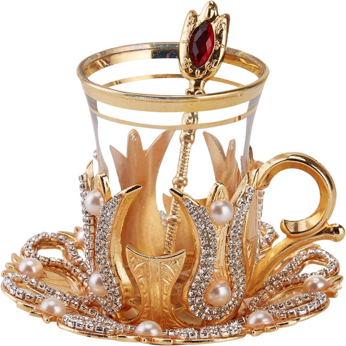 DEMMEX (Set of 6) Turkish Tea Glasses Set with Saucers Holders Spoons, Decorated with Crystals and Pearl,24 Pcs (Gold), 3.3 Ounces