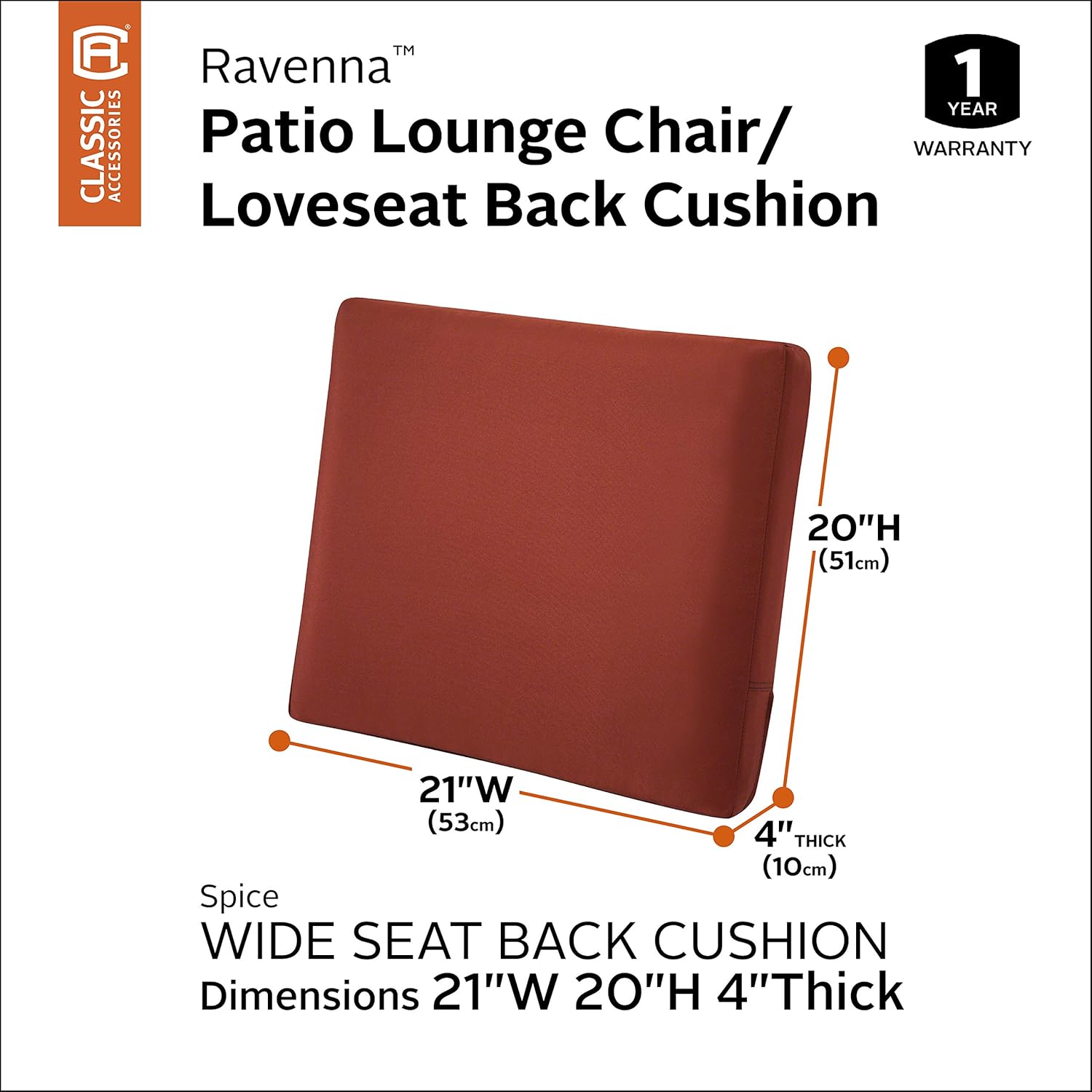 Classic Accessories Ravenna Water-Resistant 21 x 20 x 4 Inch Patio Back Cushion, Spice, Outdoor Loveseat Cushions