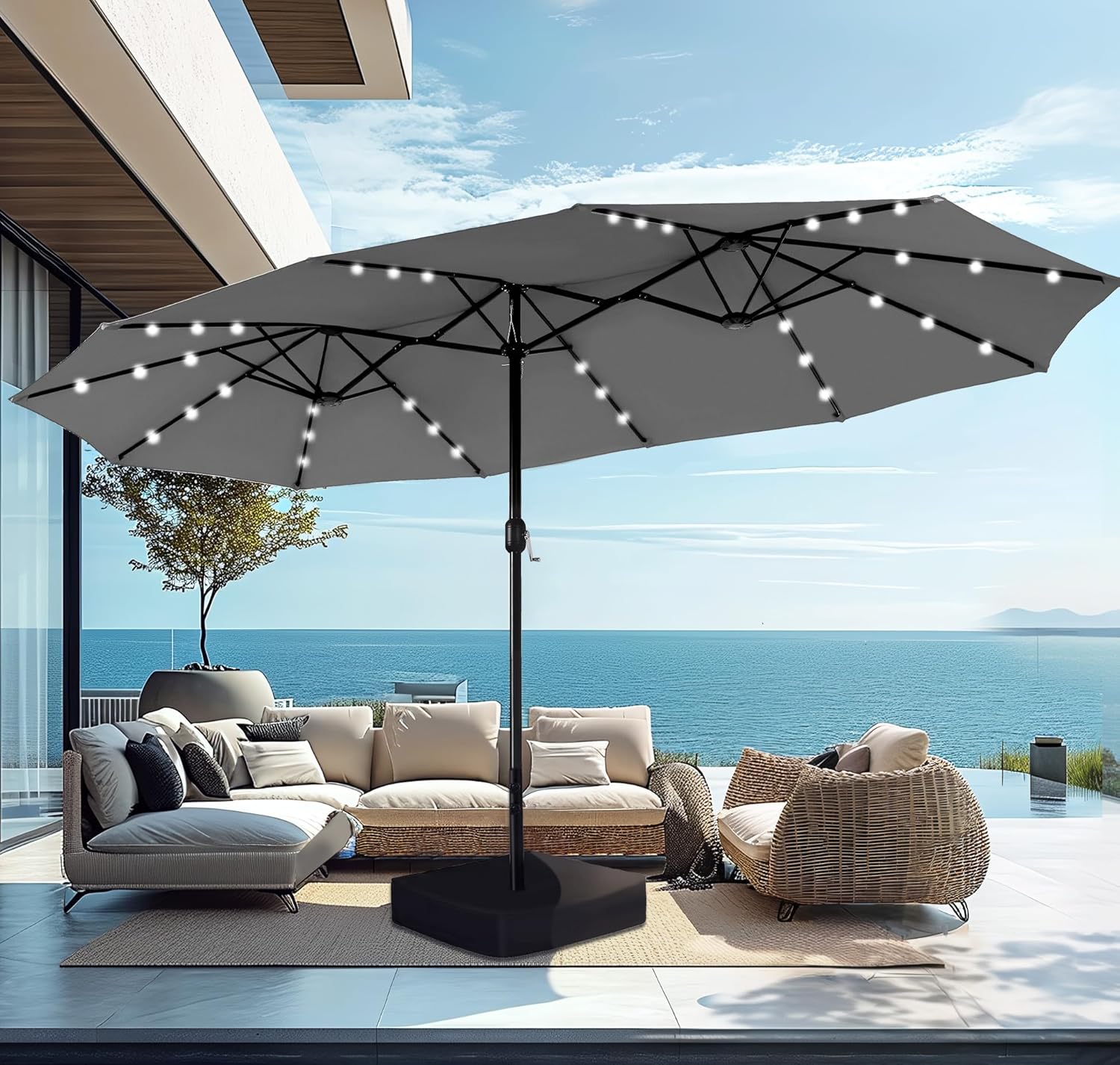 PHI VILLA 15ft Large Patio Umbrella with Solar Lights, Double-Sided Outdoor Market Rectangle Umbrellas with 36 LED Lights, Umbrella Base (Stand) Included, Light Grey