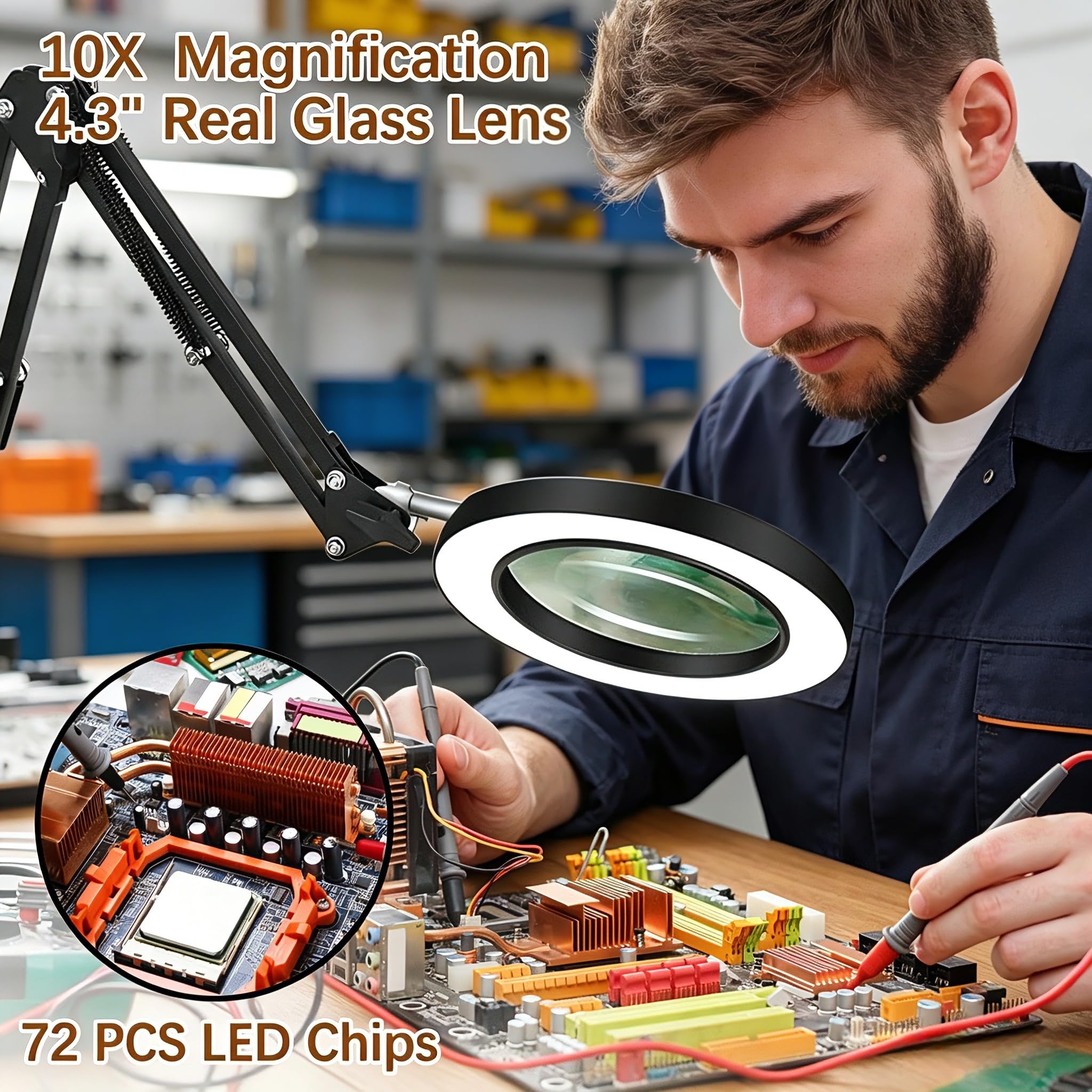 Lupa de 10 aumentos con luz y abrazadera, lupa con luz manos libres, 3 modos de color regulables, 72 LED de lente de cristal real para trabajo cercano, reparación, lectura, manualidades
