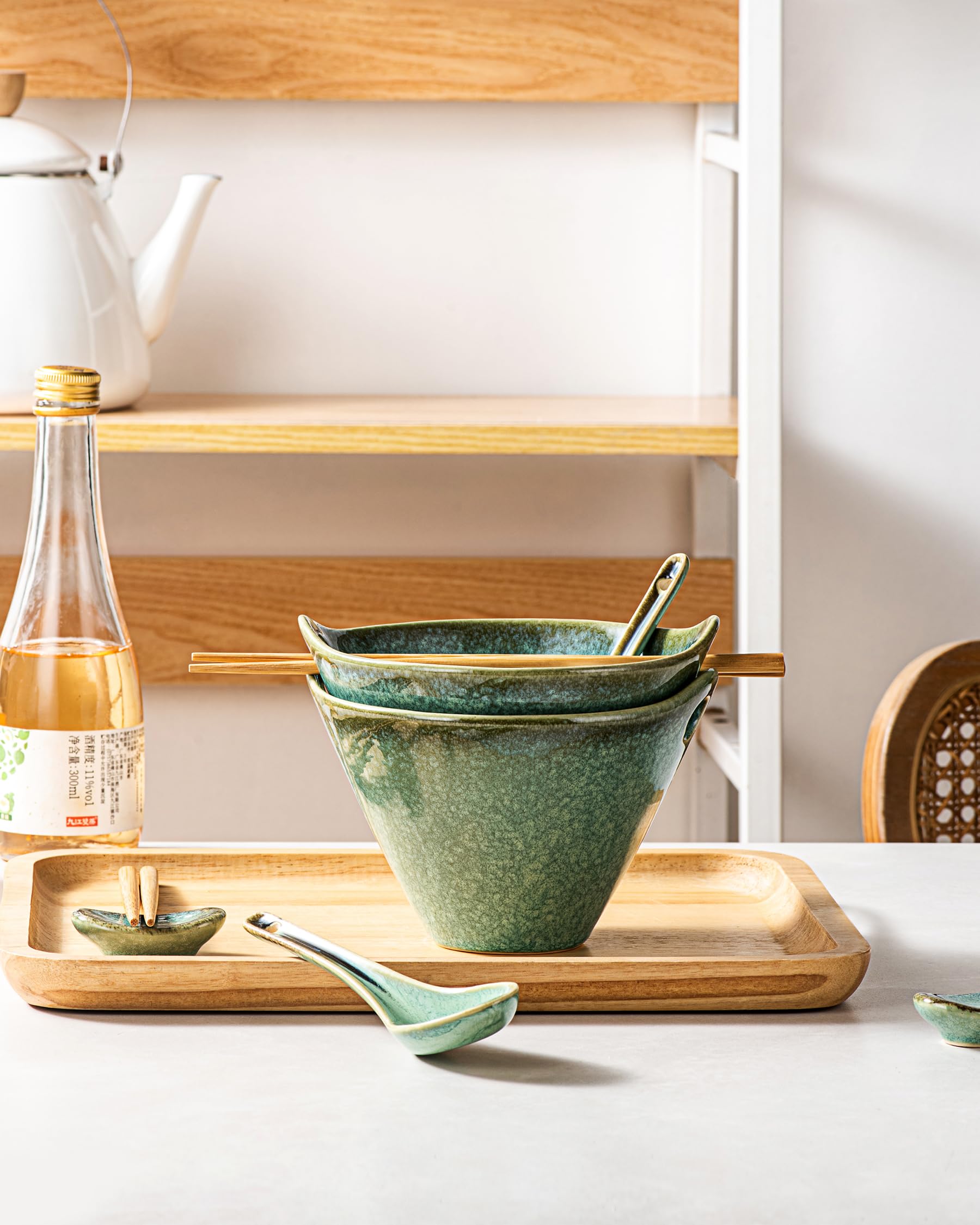 HENXFEN LEAD Tazón de ramen japonés, 2 unidades, 600 ml, juego de cuencos de cerámica con palillos, cuchara y cuchara, verde brillante