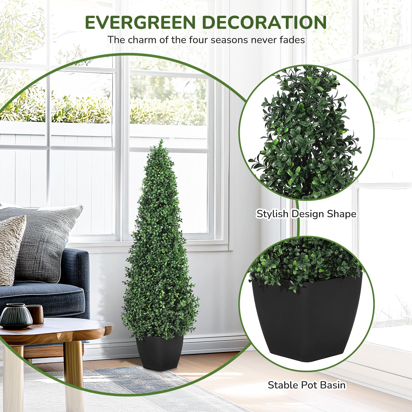 Langlebige künstliche Buchsbaum-Kegelbäume im 2er-Set – 90cm, realistische Topiary Kunstpflanzen im Topf für Hauseingang, Terrasse, Büro oder Garten – UV-beständig, pflegeleicht – 3FT(2PCS)
