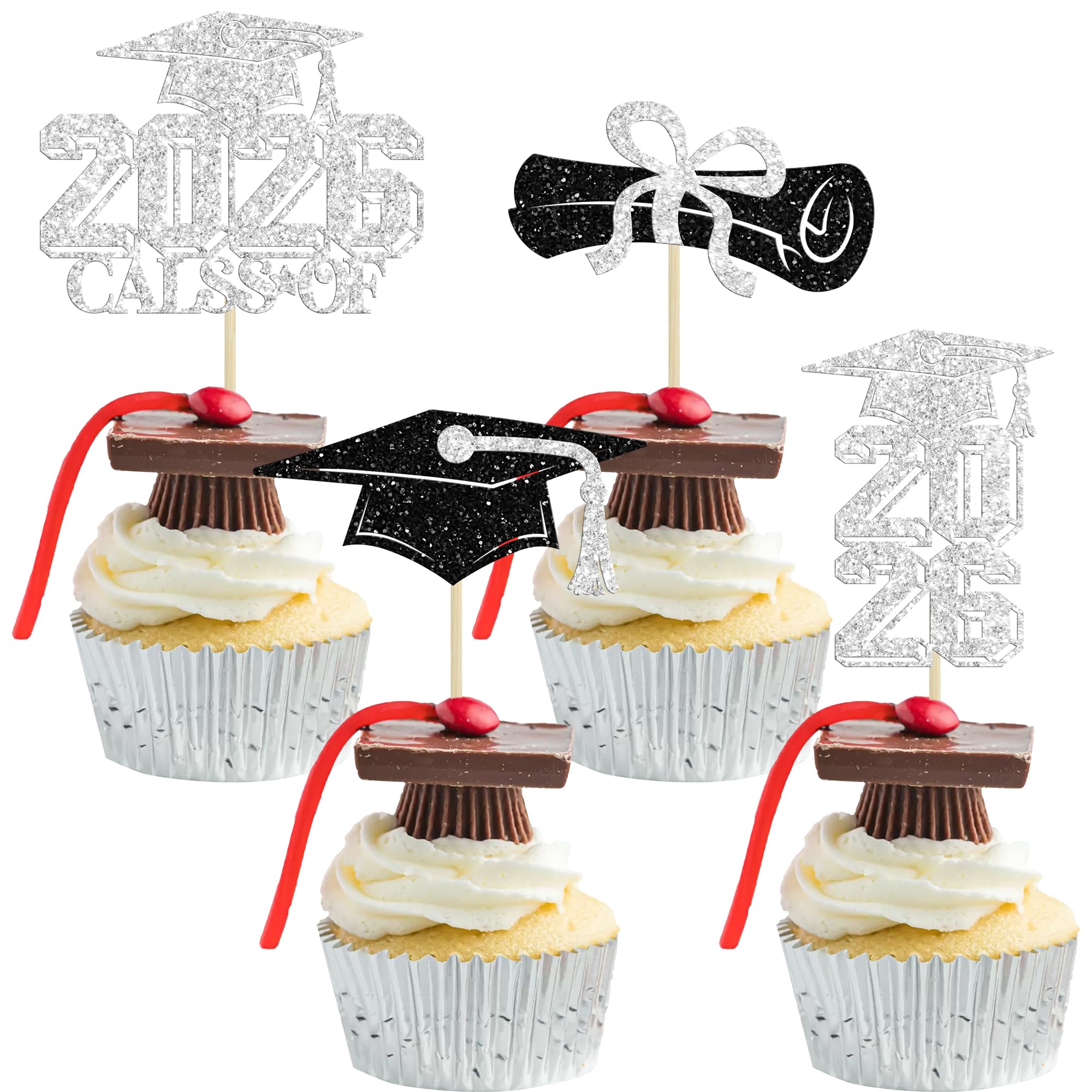 Gyufise 36Pcs 2026 Graduation Theme Cupcake Toppers Glitter Class of 2026 Grad Cap Diploma Cupcake Picks 2026 Graduation Theme Party Cake Decorations Supplies Silver