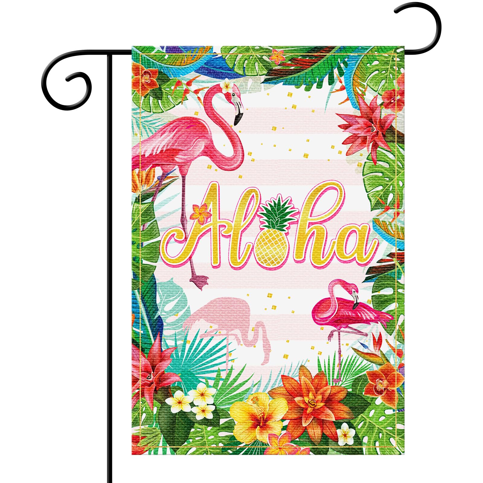 Bandera de jardín que no se desgasta con el sol con diseño de flamenco y bar Tiki de doble cara