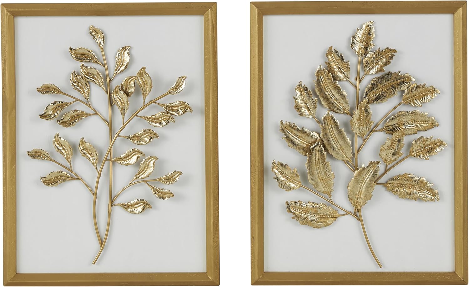 Deco 79 Wood Leaf Home Wall Decor 3D Wall Sculpture with Beveled Frame, Set of 2 Wall Art 13" W, 17" H, Gold