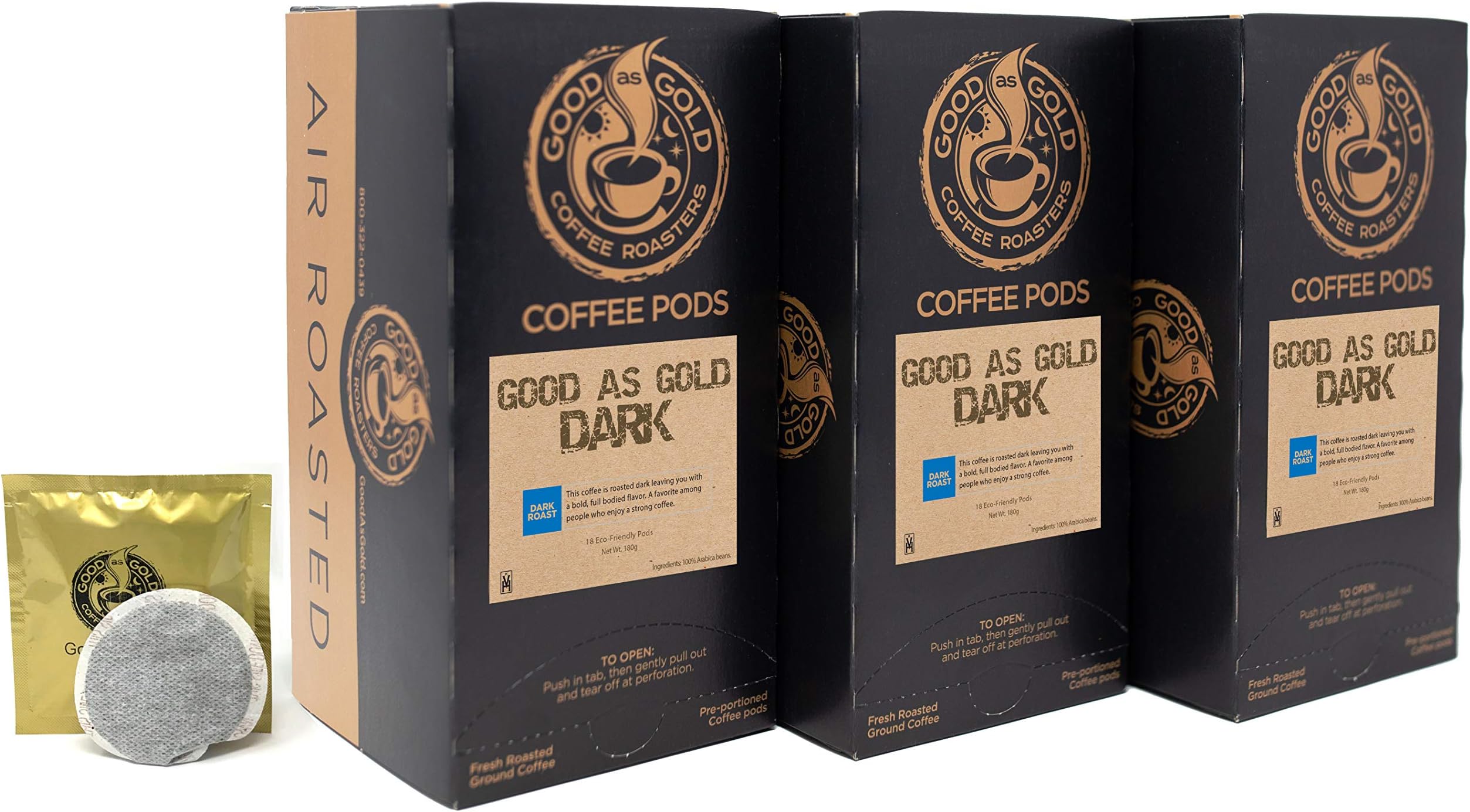 DARK ROAST COFFEE PODS, Good As Gold Coffee (3 Pack Special = 54 Pods)