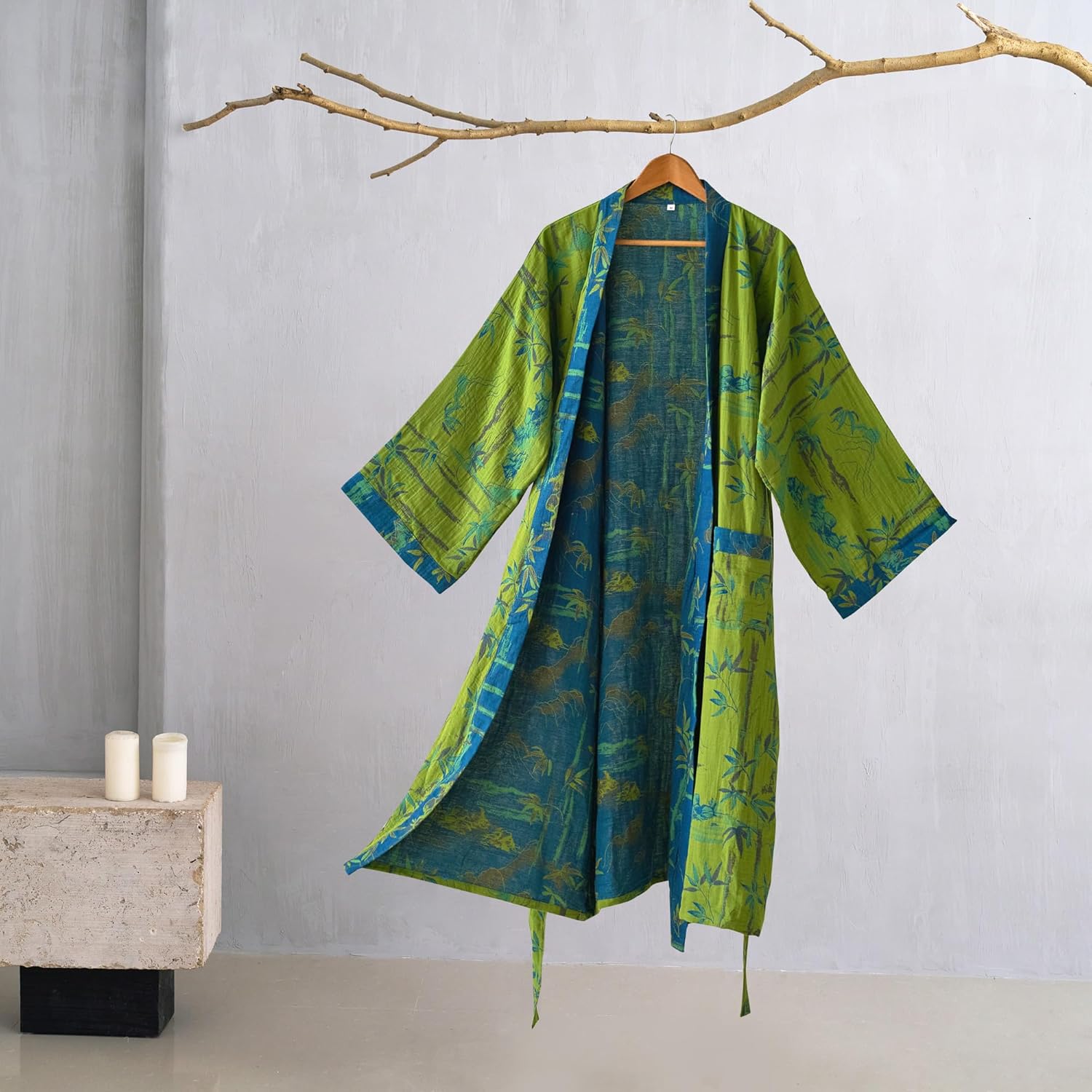 100% Cotton Gauze Ginkgo Leaf Kimono Robe, Long Knit Loose Loungewear Bathrobe Nigh... - Image 2