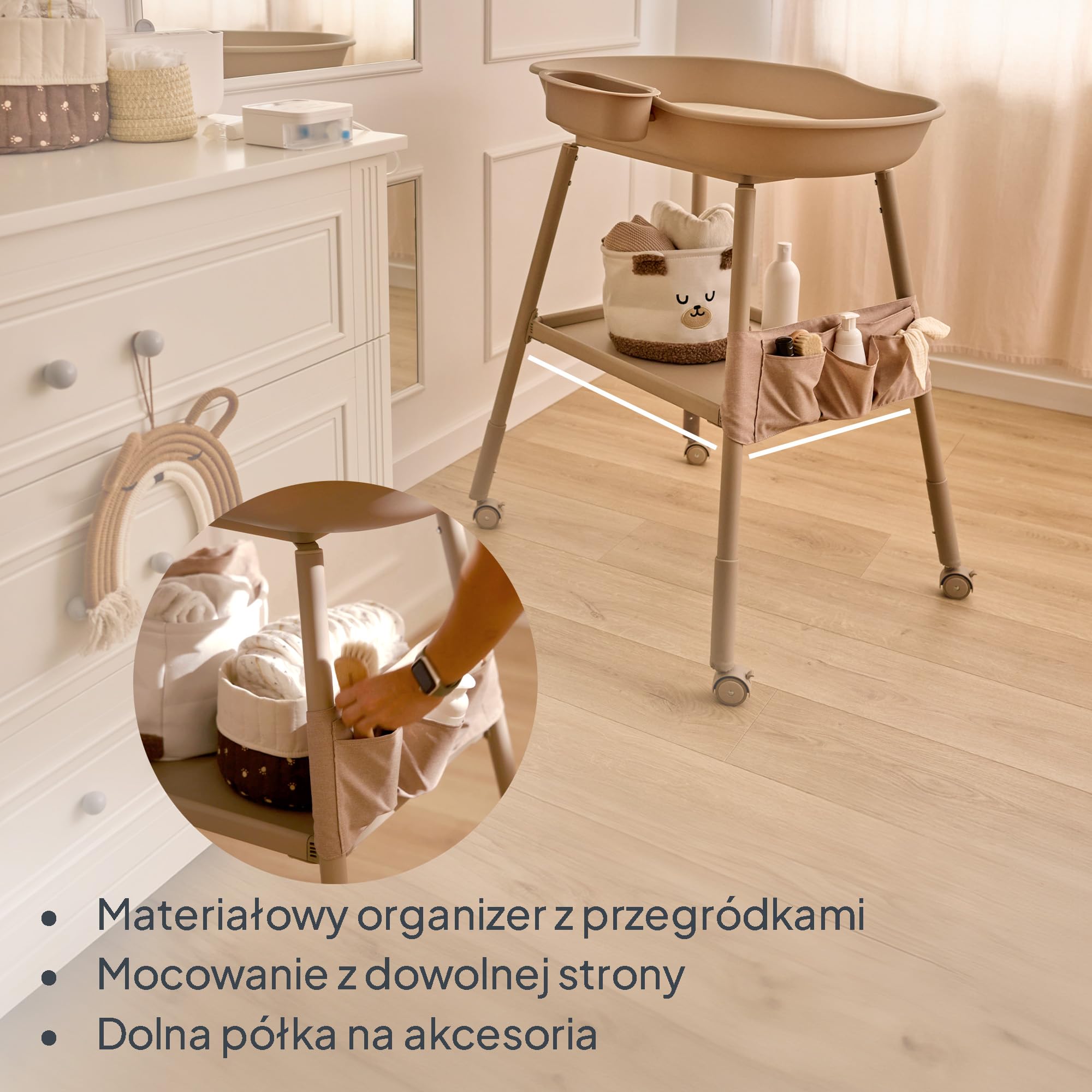 Lionelo Rosie mobilny stolik do przewijania dla niemowląt z regulowaną wysokością, wodoodporna mata piankowa 2 cm, kółka z hamulcami, boczny pojemnik na wodę i organizer z tkaniny, stabilna