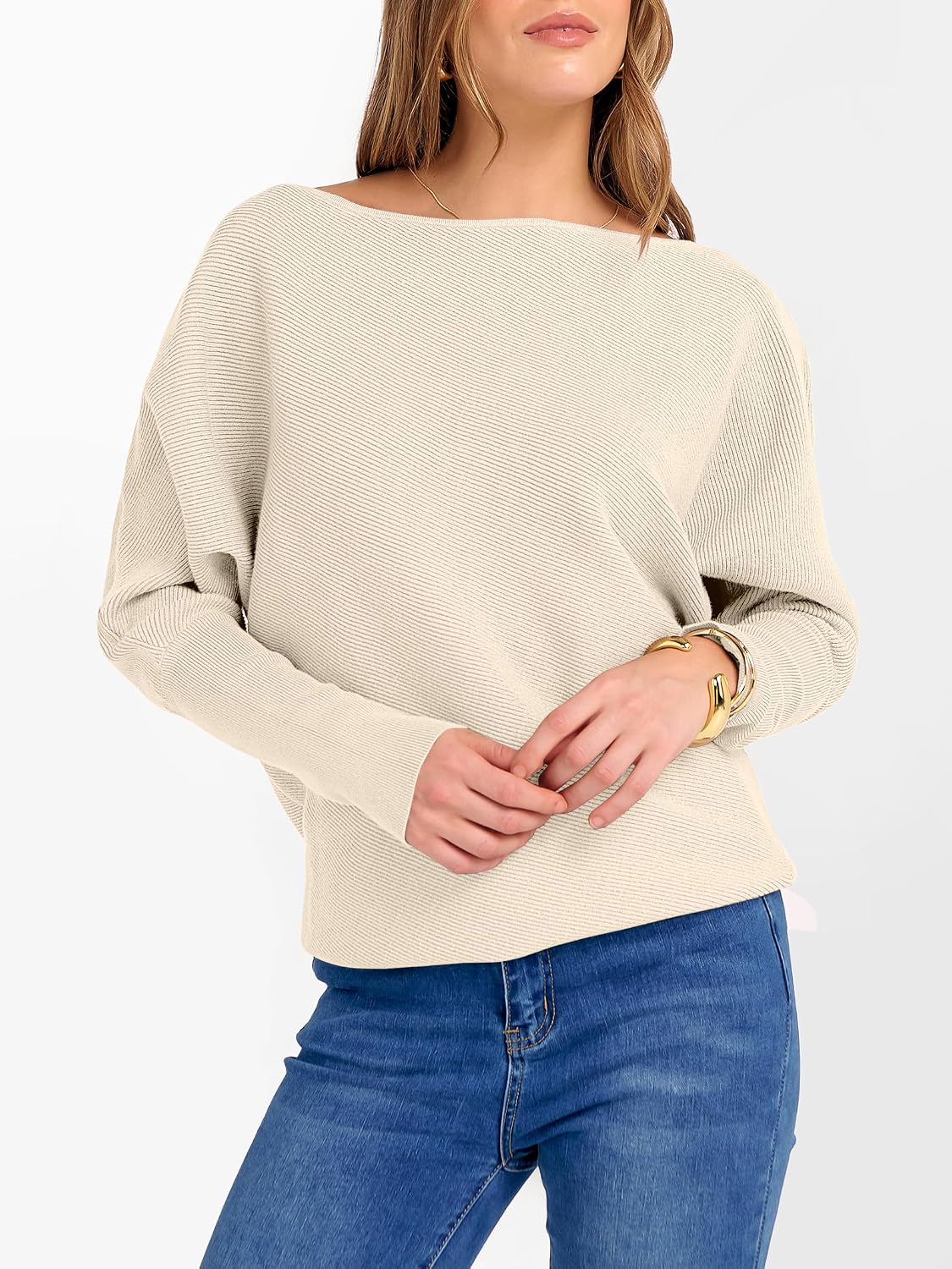 ANRABESS Womens Off Shoulder Sweaters 2026 Fall Long Batwing Sleeve Loose Fit Knit Tops Casual Pullovers Jumpers