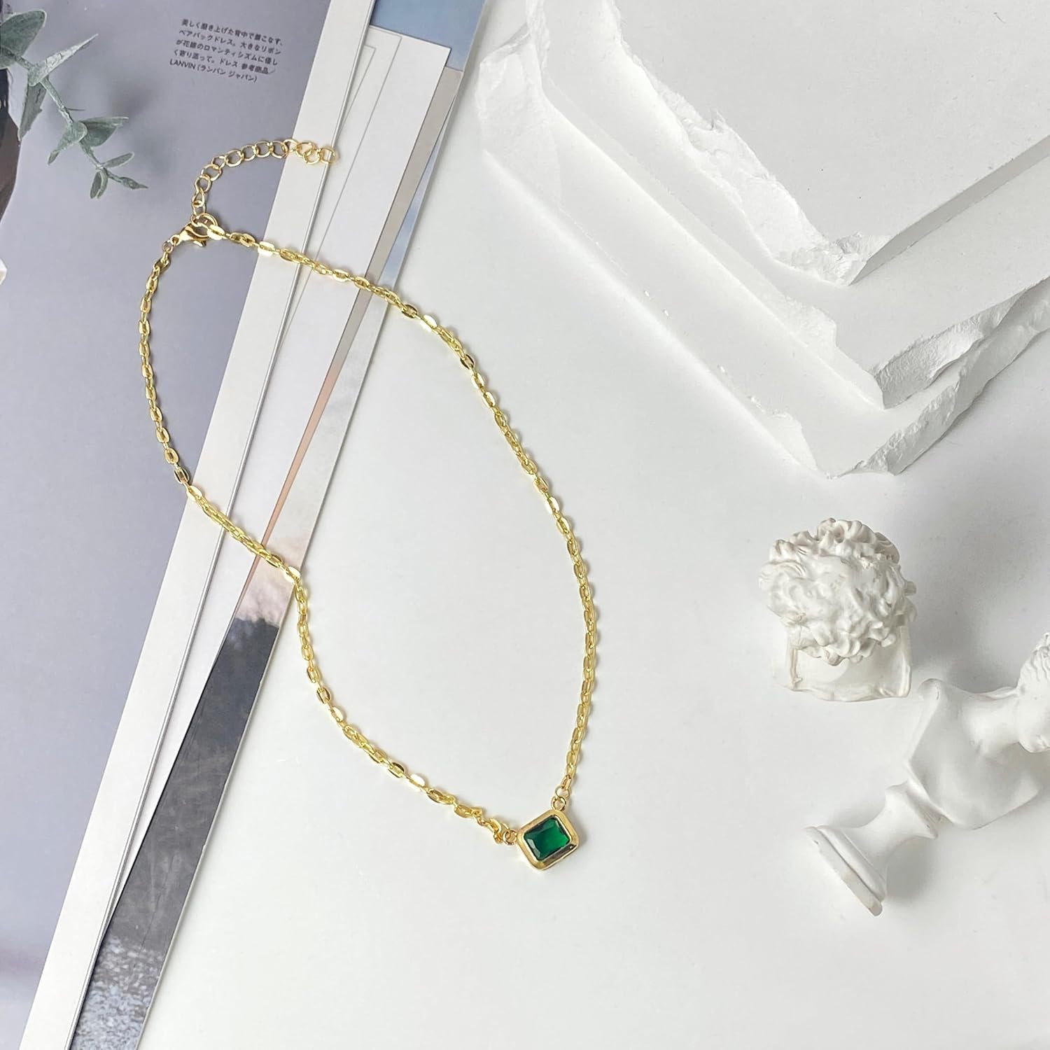Square Green Crystal Necklace Vintage Emerald Pendant Necklace SPaperclip Necklace Gold Square Necklaces Jewelry for Women - Image 5