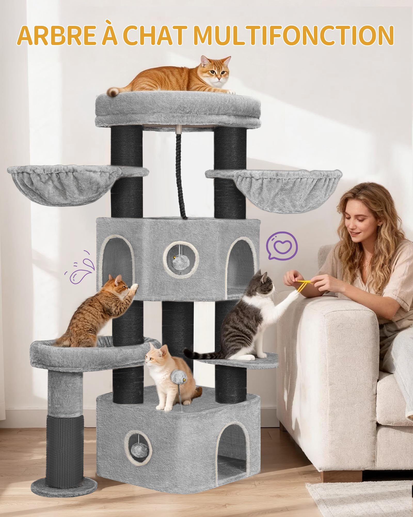 Hzuaneri Arbre à Chat, 163 cm, Poteaux en Sisal de 11 cm D'épaisseur | Niche, Plateforms, Balle en Peluche, Brosse pour Chat, Griffoir à Plusieurs Niveaux, Gris Clair Noir MS16318BG