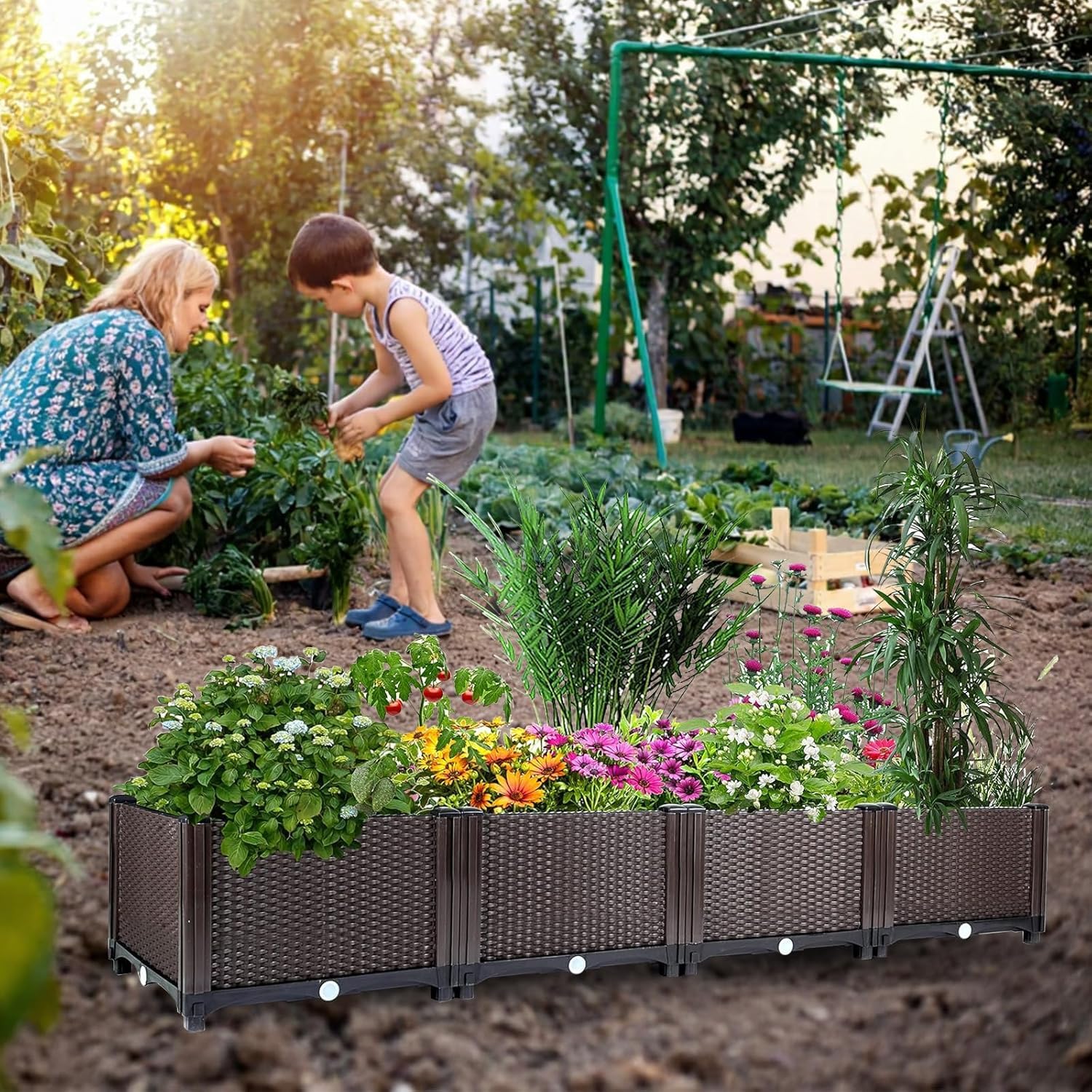Blumenkasten mit Wasserablauf, 4 Stück Hochbeet, Rattanoptik Garten Pflanzkasten,160 * 40 * 20 cm Gemüsebeet Blumentopf Pflanzkübel für Terrasse, Garten, Eingangsbereich, Braun