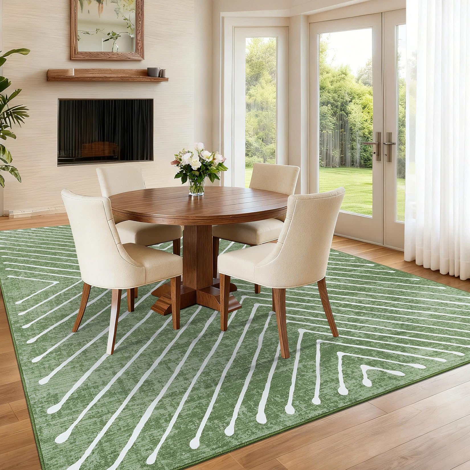 160 x 230 cm, tappeto lavabile per soggiorno, moderni tappeti geometrici per camera da letto a righe, morbido pelo corto, per cameretta dei bambini, ufficio, verde