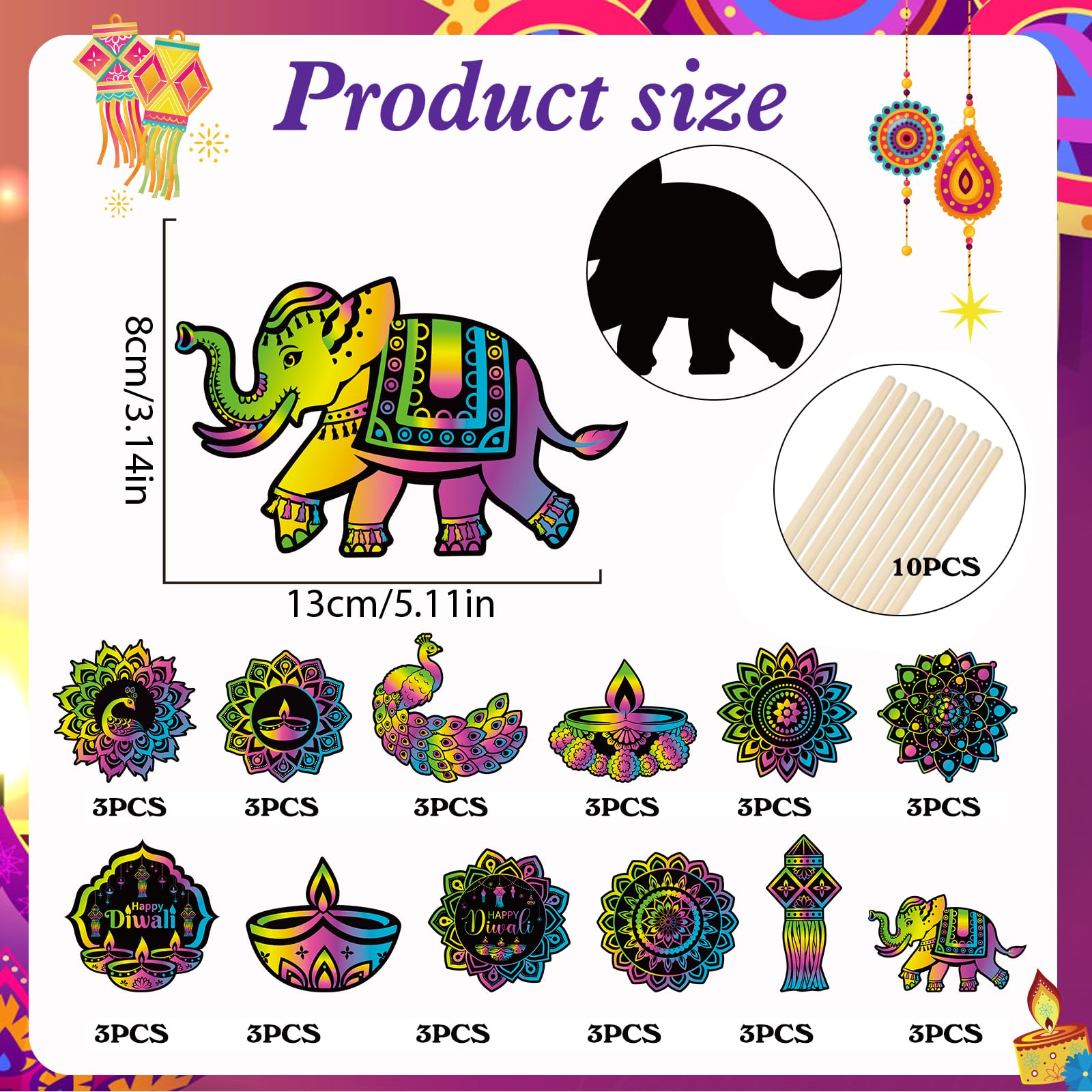 HOWAF 36 Diwali Scratch Art for Kids Diwali Crafts for Kids with Diyas & Rangoli Designs Rainbow Scratch Paper Happy diwali Decorations Hanging Ornaments Craft Kits Gifts for kids Party Bag Fillers - Image 2