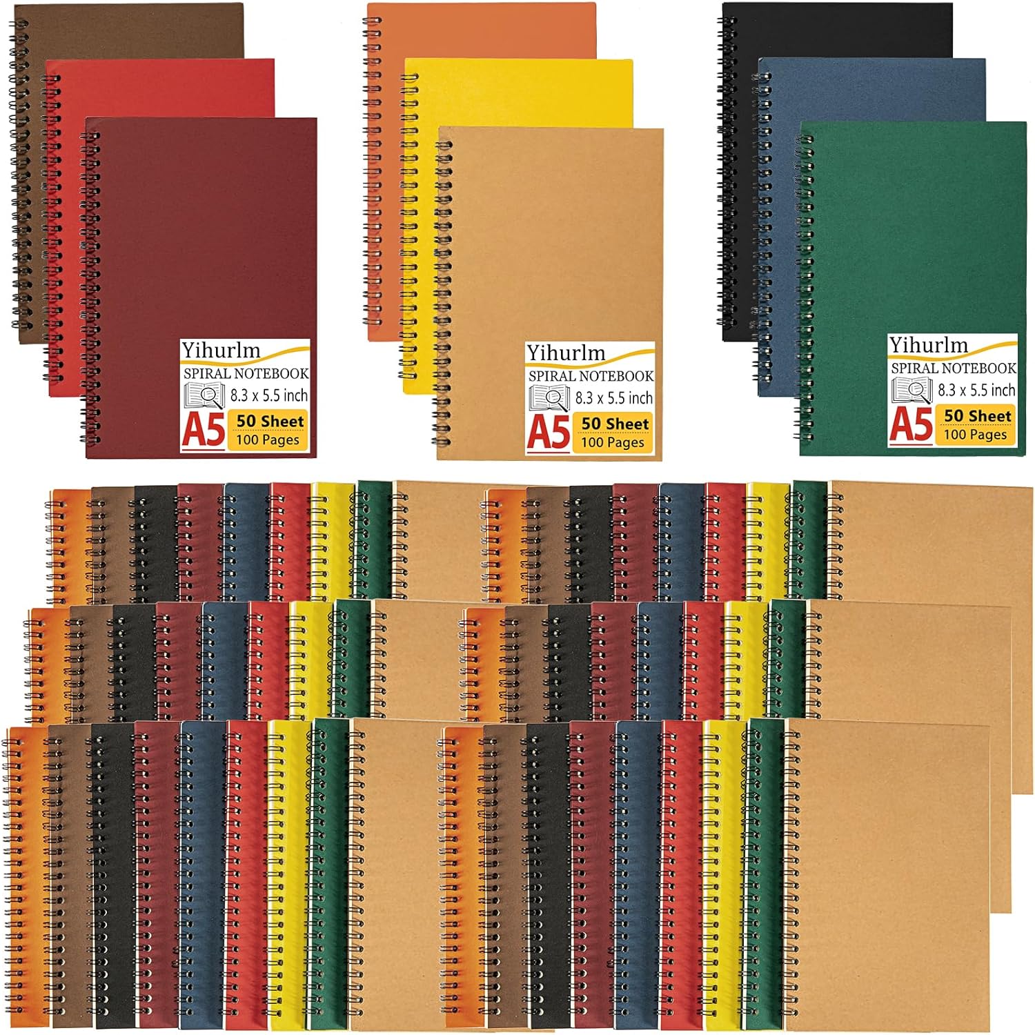 Spiral Notebook Bulk,54 Pcs A5 Notebook,8.3 x 5.5 Inch Spiral Notebooks,College Ruled Spiral Journal Notebook for Office Business School Gifts Supplies,100 Pages/50 Sheets, 9 Colors