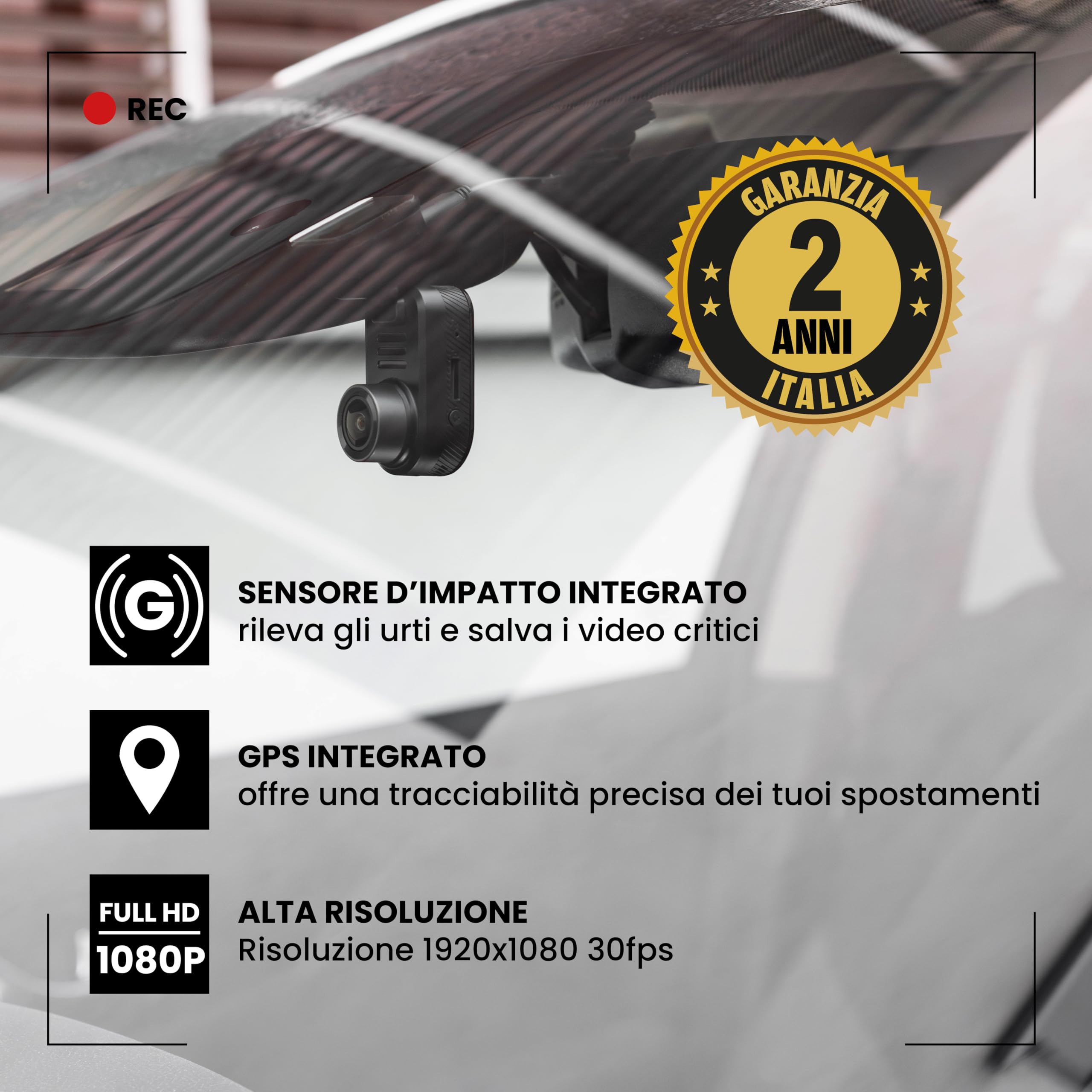 Midland - Dash Cam Auto Street Guardian Mini, Dashcam con Localizzatore GPS Integrato, Videocamera con Sensore G per Rilevamento Urti - Accessori Auto, Telecamera Wi-Fi per Accesso Video da Smartphone