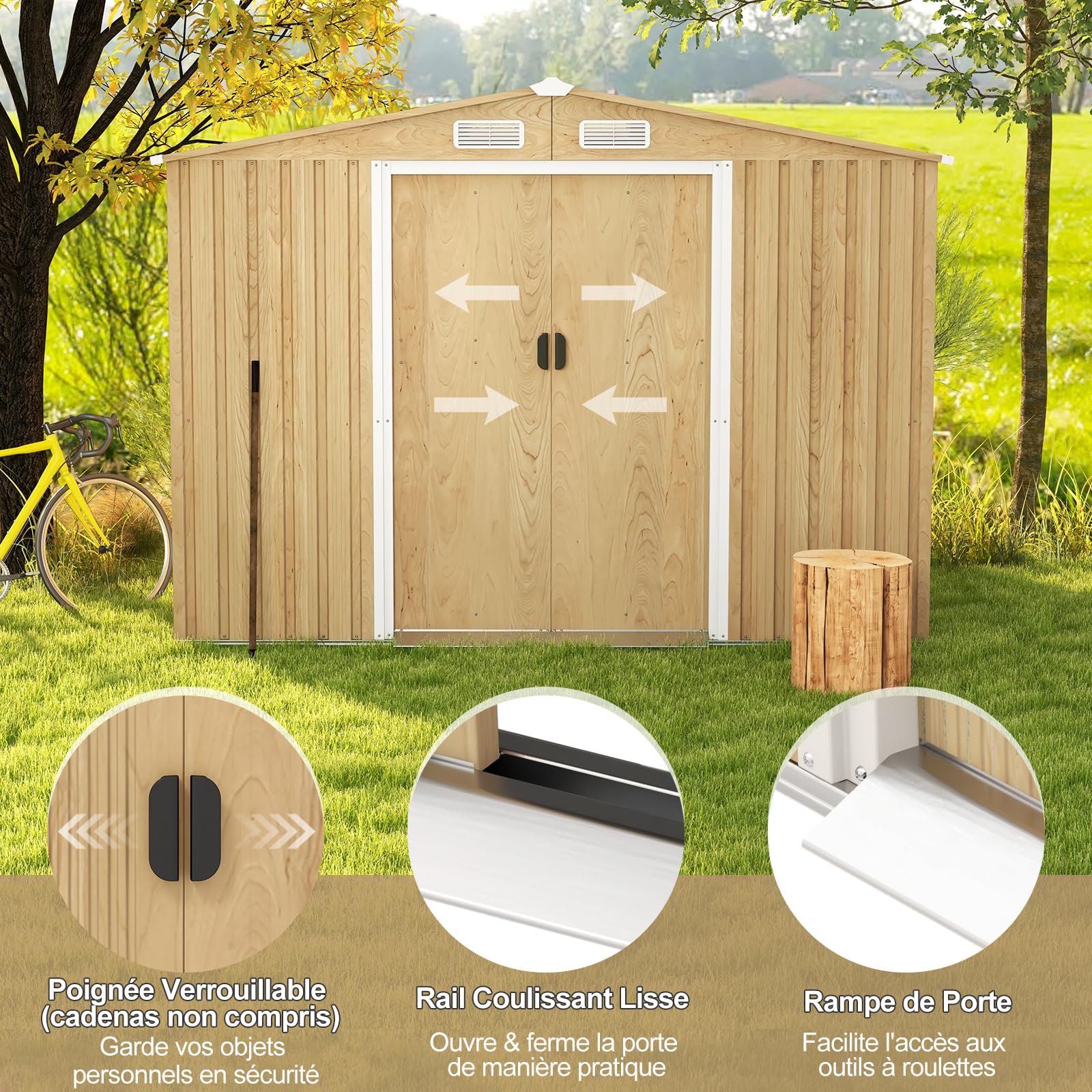 GOPLUS 4,47m² Abri de Jardin Naturel avec Bas, Cabane à Outils en Acier Galvanisé 8,23m³, Résistant aux Intempéries, Porte Verrouillable, Toit en Pente, Bouches d'Aération, pour Jardin (259x196x184cm)