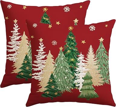 Artscope Christmas Tree Throw Pillow Covers 20x20 Inch Set of 2, Winter Hoilday Christmas Decoration Pillow Cases for Home Decor-Red