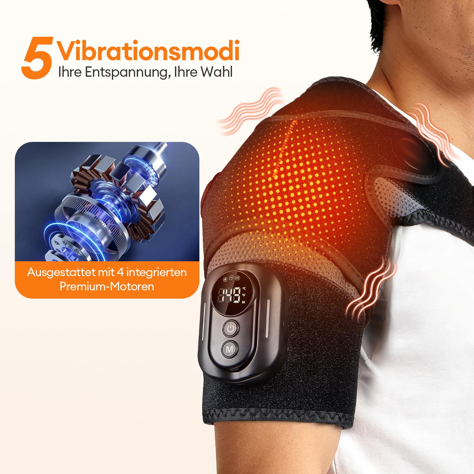Kabelloses Schulter-Heizkissen mit abnehmbarer magnetischer Fernbedienung, kabelloses Schulter-Heizkissen mit Wärmefunktion, 5000 mAh Akku, 5 Heizstufen, 5 Vibrationsmodi, 3 Timer