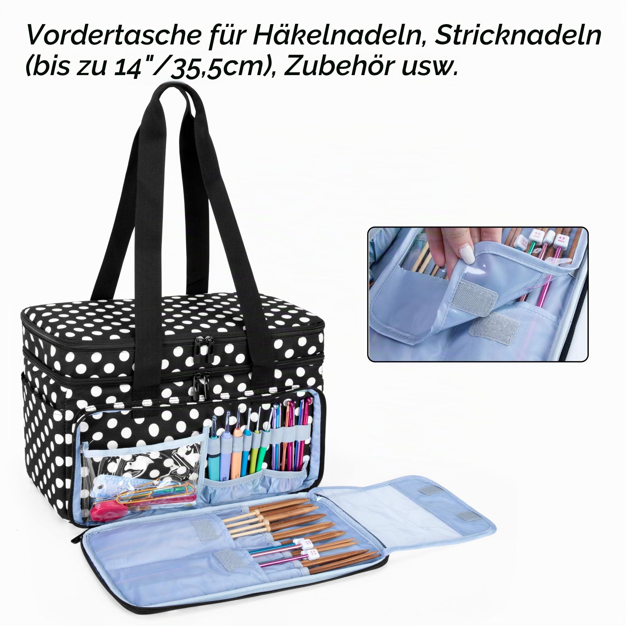 CURMIO Doppelschicht Wolle Tasche, Stricktasche für Garn, Weiß Punkt
