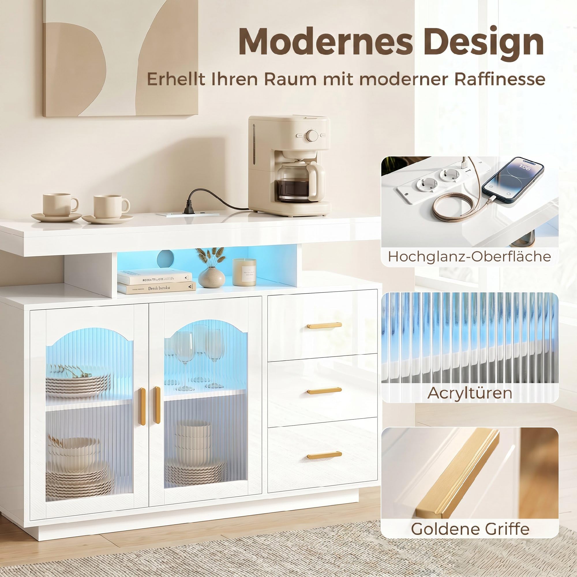 HOMCOM Küchenschrank mit LED, Steckdosen 100x35x80 cm Hochglanz Weiß | Sideboard, 3 Schubladen, 2 Acryl-Türen, Buffetschrank, Soft-Close-Funktion, für Küche, Esszimmer