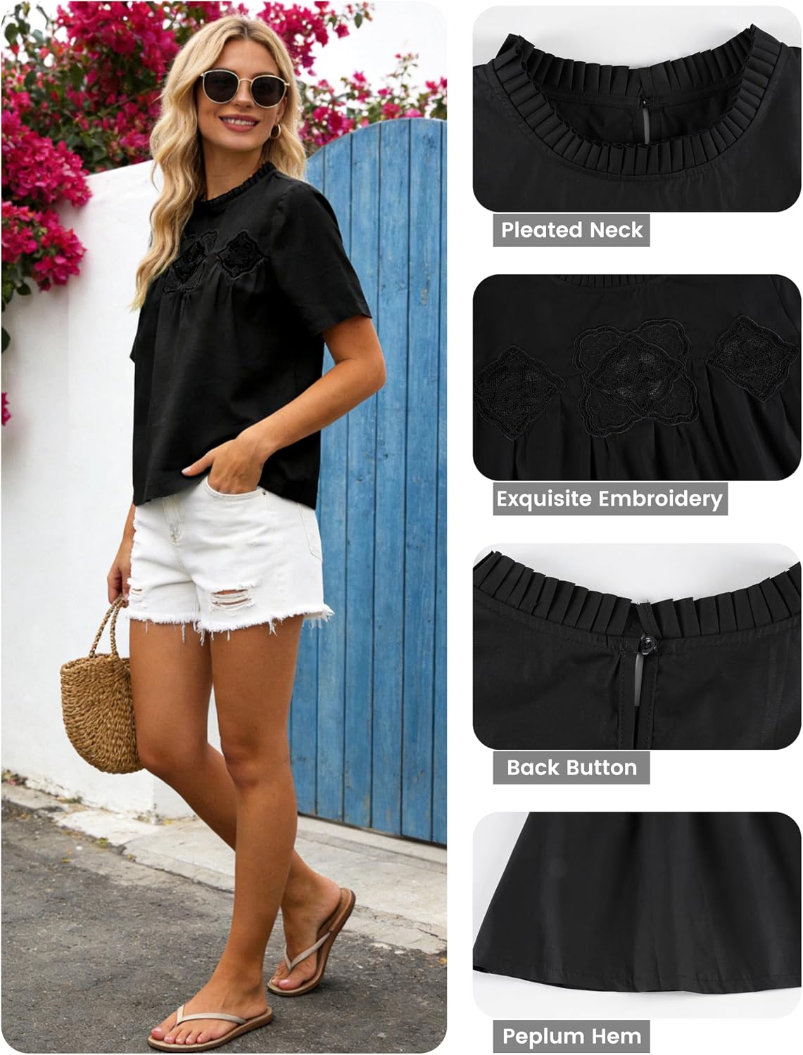 Women's Cotton Lace Flared Blouse Short Sleeve Crew Neck Babydoll Top Mesh Swing Tshirts with Delicate Back Design
