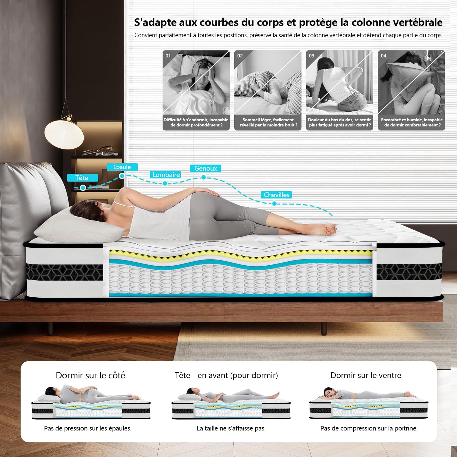 Matelas Hybride 140x190 Cm - 30 Cm épais - Mousse Mémoire + Ressorts Ensachés - Fermeté H3 - 7 Zones De Confort - 12