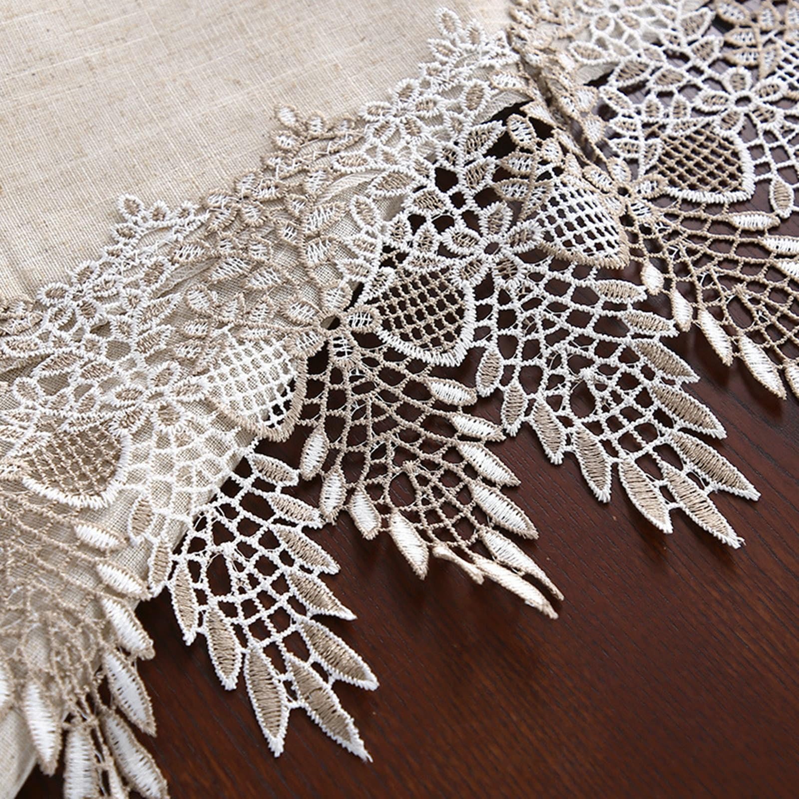 Tovaglia rotonda beige, pizzo floreale in lino, 150 cm