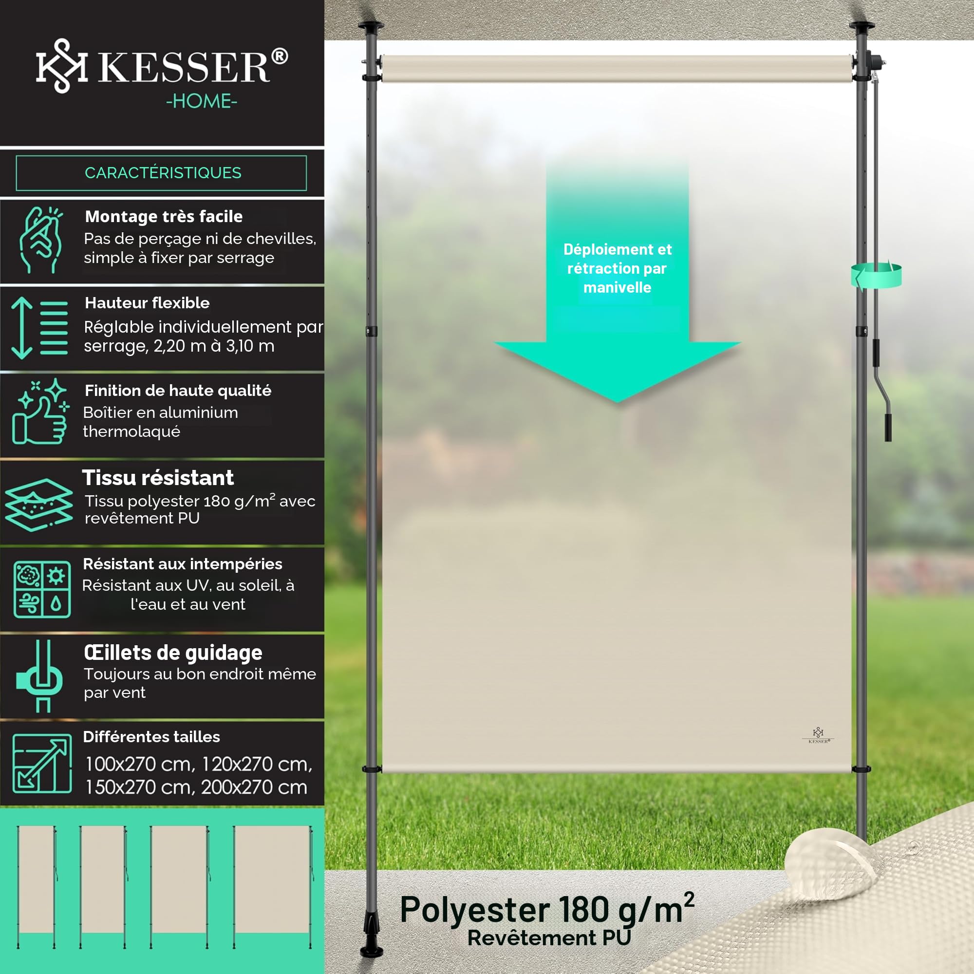 KESSER® Store extérieur Vertical 200x310cm Extensible & Opaque | Store Vertical avec manivelle sans perçage | Paravent de Balcon & Coupe-Vent pour Jardin & terrasse Imperméable Beige