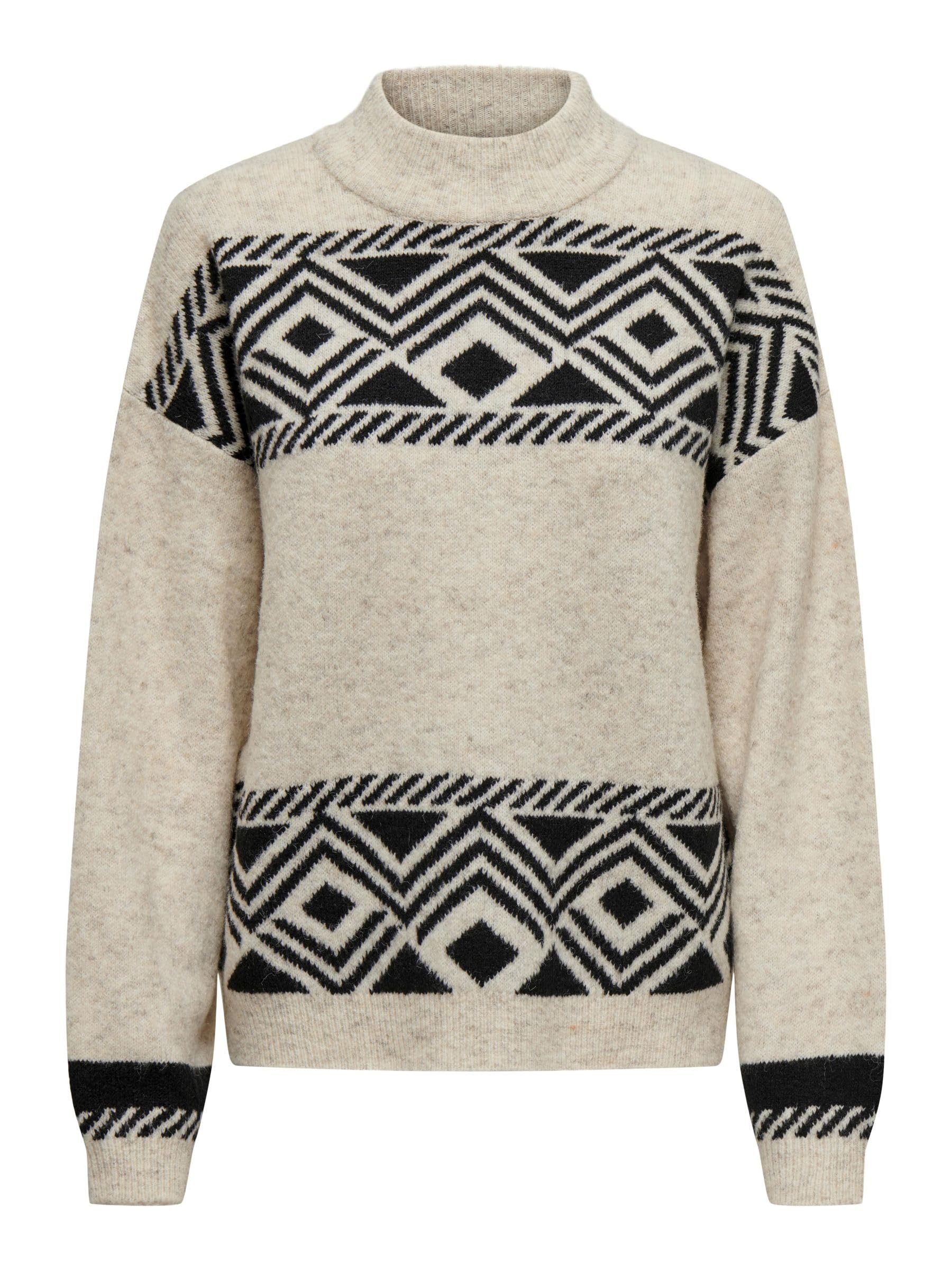 ONLY Women's Onlvictoria L/S Highneck Pullover KNT Knitted Jumper, Pumice Stone/Pattern:Black Jacquard, S