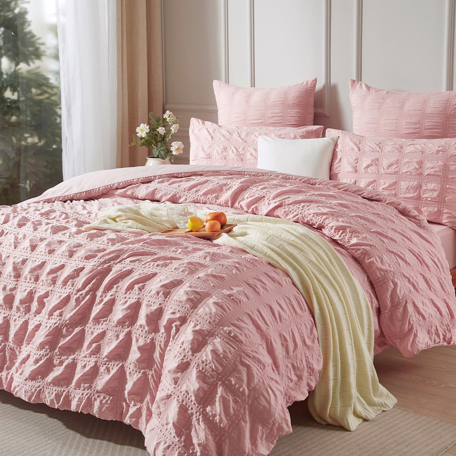 Luofanfei Biancheria da letto in seersucker, 155 x 220 cm, rosa, estate, fresca, a righe, motivo a quadri, traspirante, leggera, copripiumino singolo e federe 80 x 80 cm, con chiusura lampo