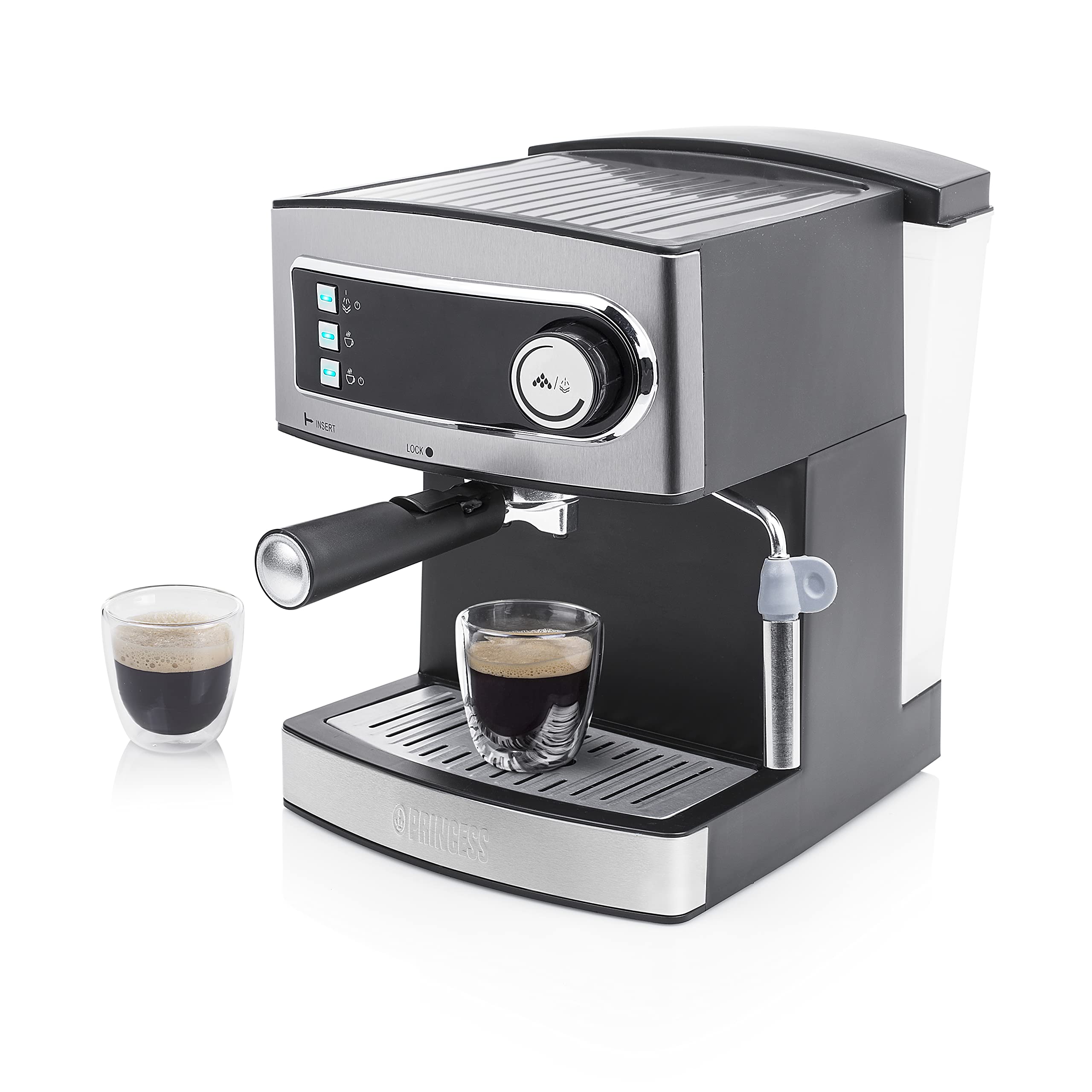 Princess 249407 Máquina de café Espresso, 15 bares de presión, depósito de agua extraíble de 1.6 l, vaporizador de leche para Capuccino o Latte Macchiato, 850 W, Plateado y Negro