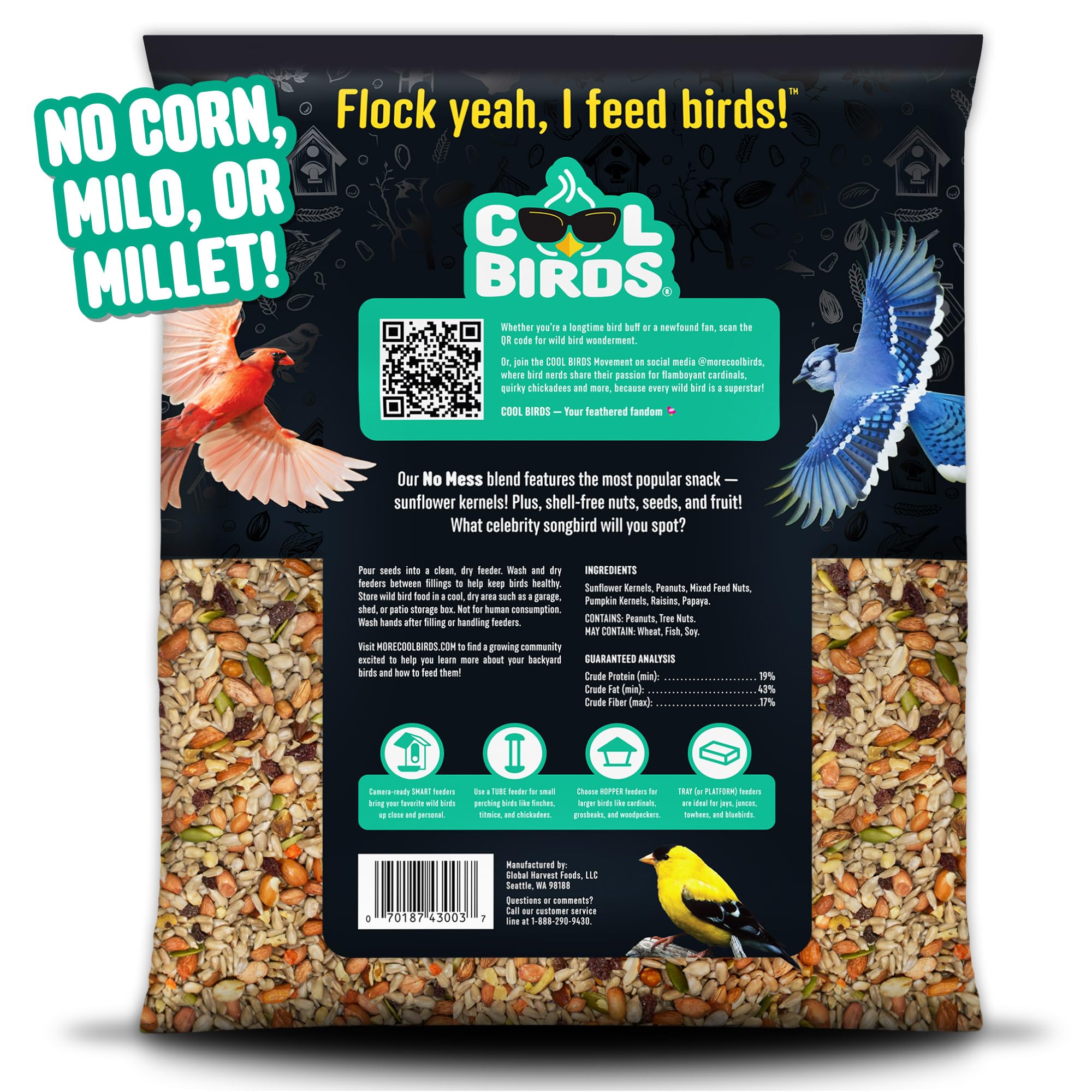 Cool Birds No Mess with Fruit Birdbird Semilla - 4,5 kg - Mezcla 100% Comestible sin cáscara con Corazones de Girasol, Cacahuetes, nueces de árbol, Semillas de Calabaza y Frutas Reales - sin